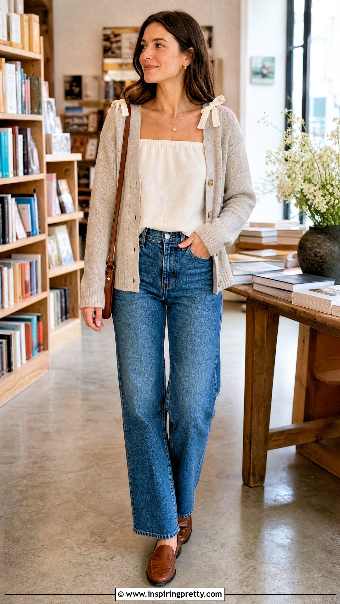 Tie Shoulder Top With a Lightweight Cardigan and Jeans - How To Style Tie-Shoulder Tops (20 Ways)