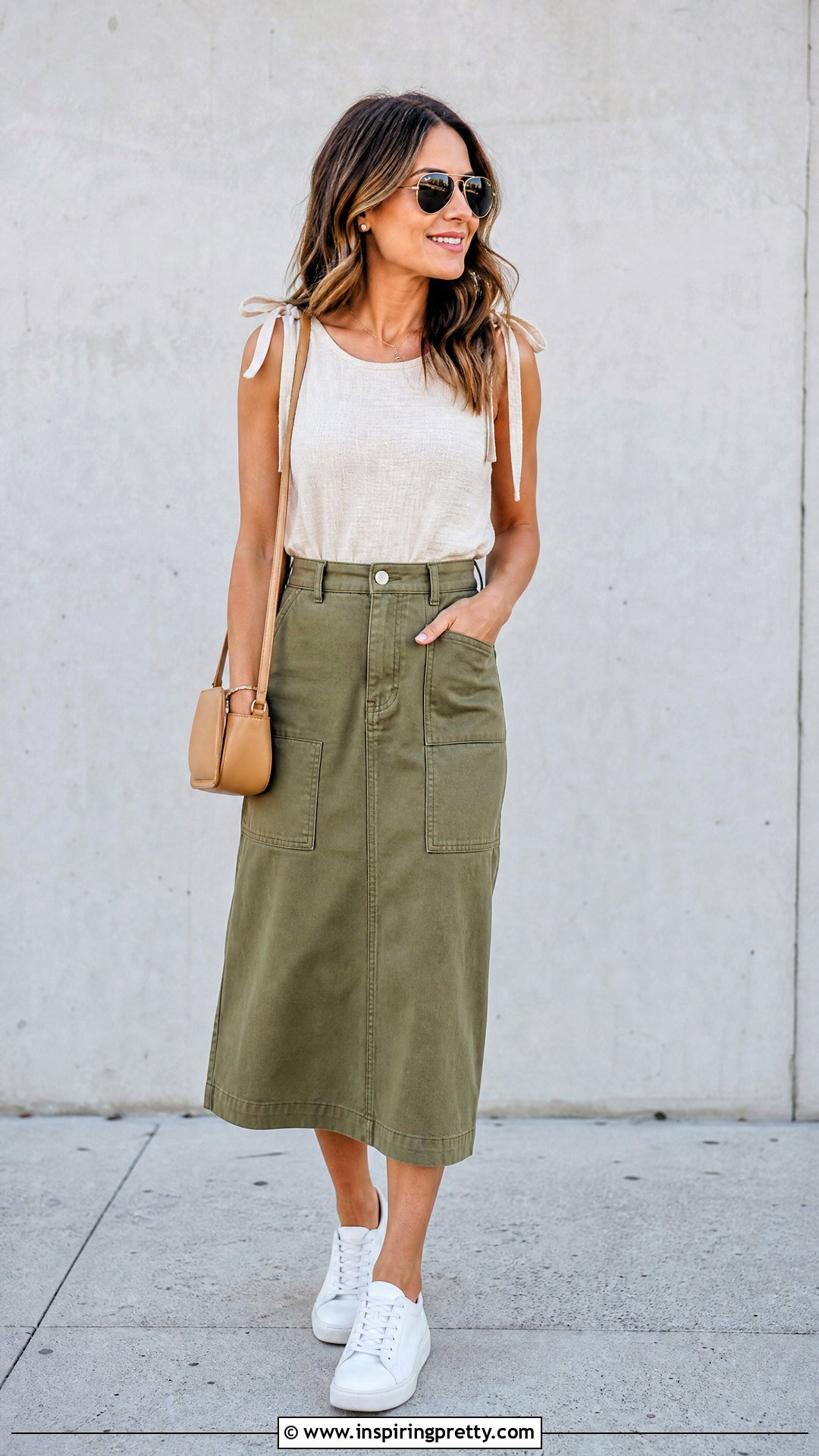 Tie Shoulder Top With a Utility Skirt - How To Style Tie-Shoulder Tops (20 Ways)