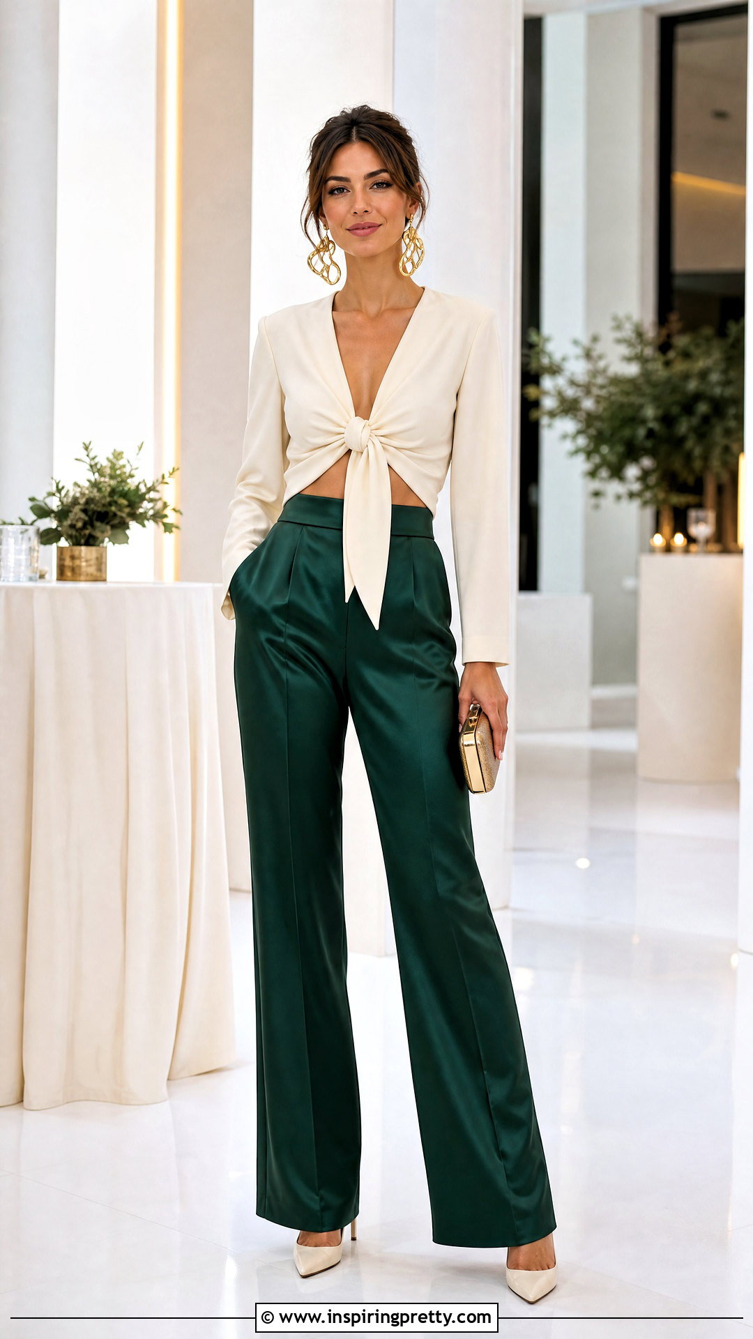 Tie Top With Satin Pants - 50 tie top outfit ideas