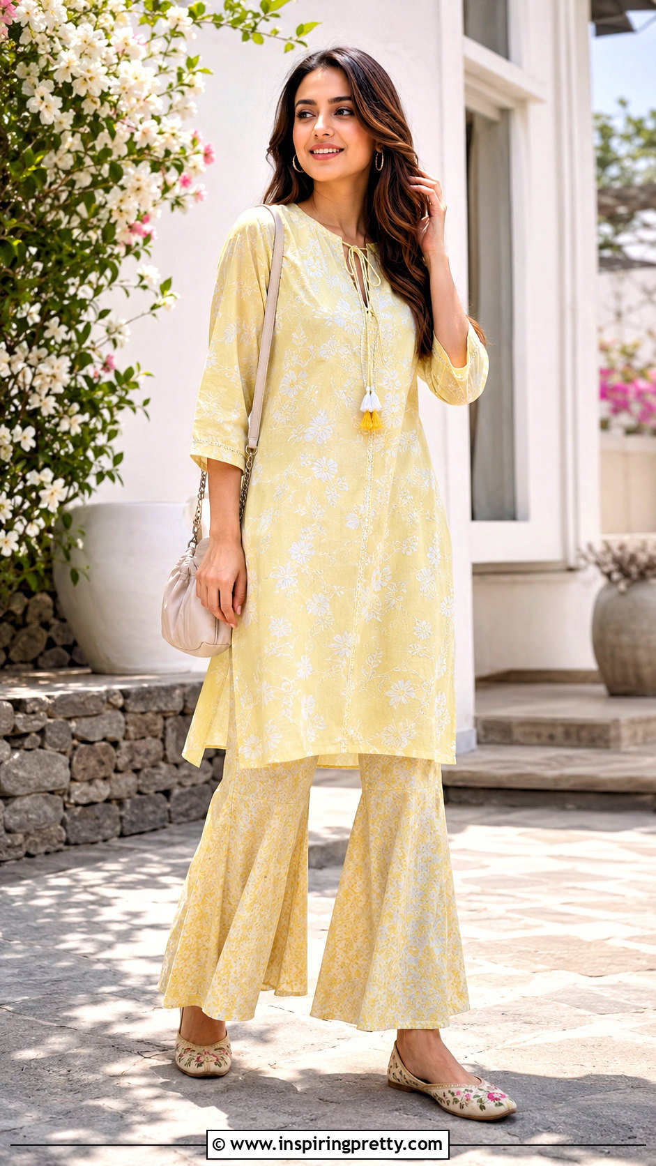 Tie Up Neck Kurti With Flared Pants - 50 top neck designs