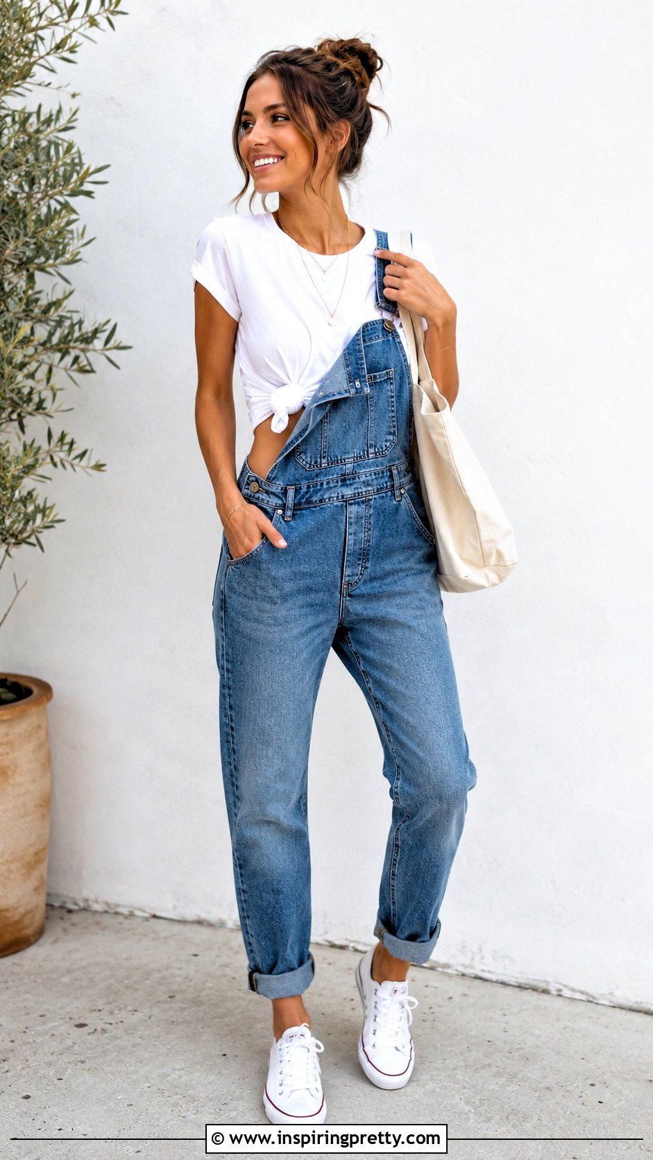 Tied Shirt Crop Top With Overalls - 25 Tied Shirt Crop Top outfit ideas