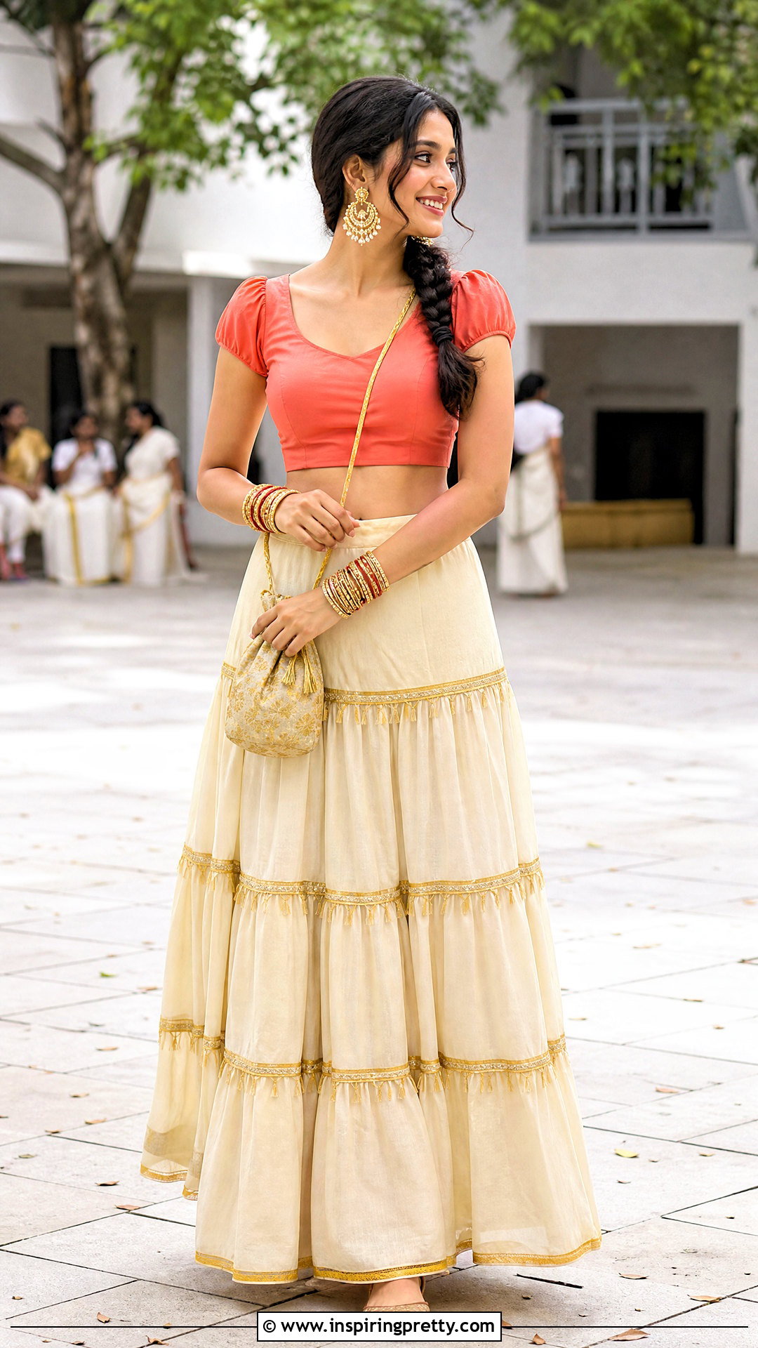 Tiered Cream Skirt And Short Sleeve Top - 50 onam skirt and top designs