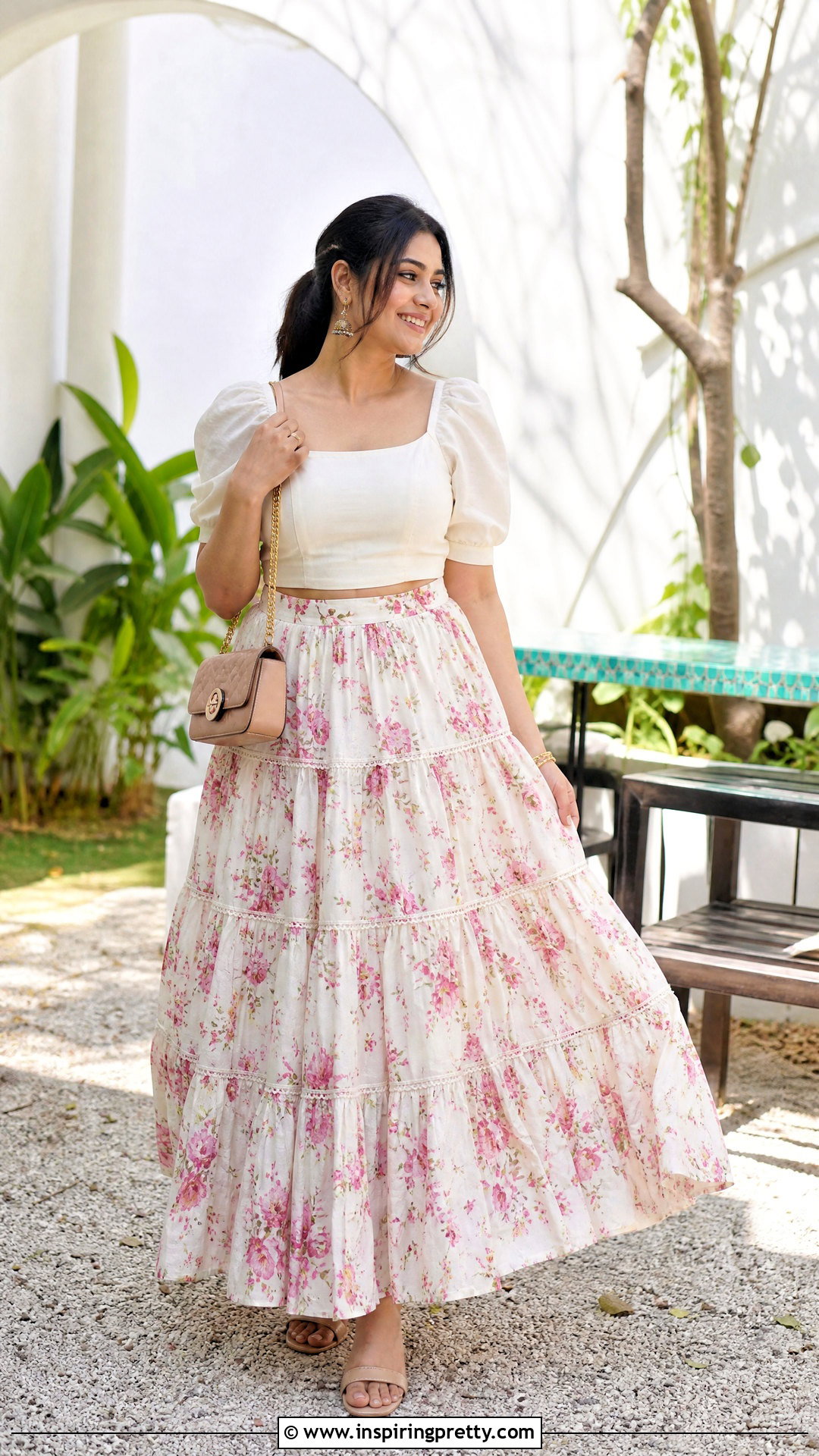 Tiered Indian Skirt And Puff Sleeve Top Outfit - 50 indian skirt and top outfits