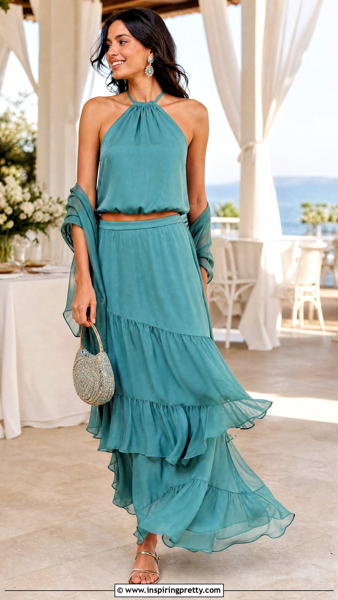 Tiered Maxi Skirt And Halter Top - 50 wedding guest skirt and top outfit ideas