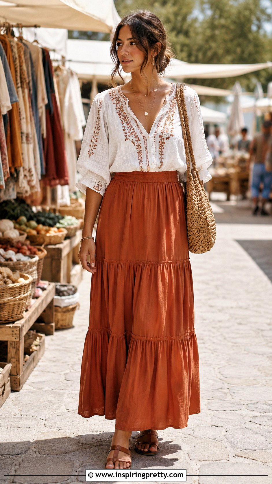 Tiered Maxi Skirt And Peasant Blouse - 50 skirt and top styles