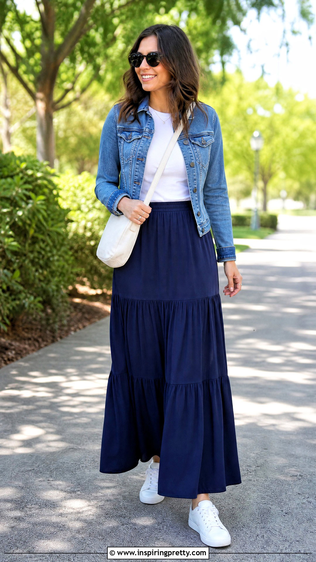 Tiered Maxi Skirt With Denim Jacket And Sneakers - 50 top skirt outfit ideas