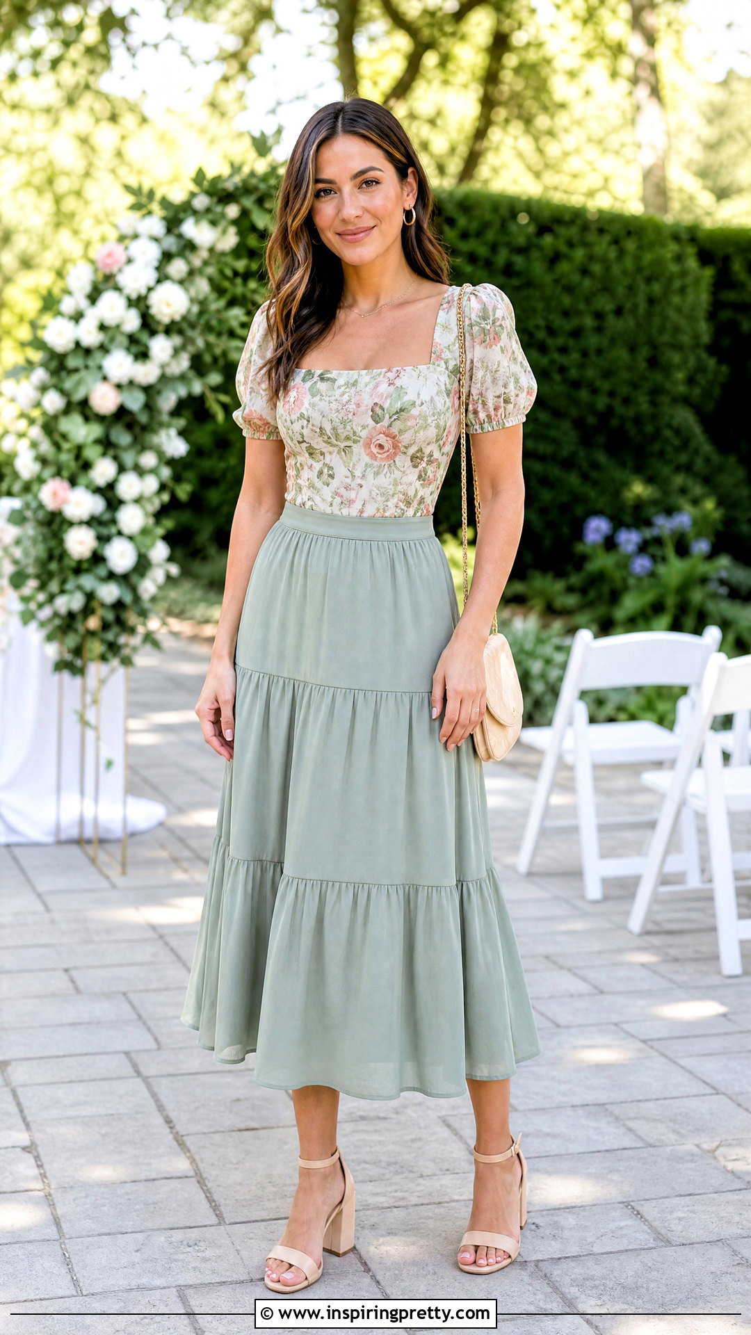Tiered Midi Skirt And Square Neck Blouse - 50 wedding guest skirt and top outfit ideas