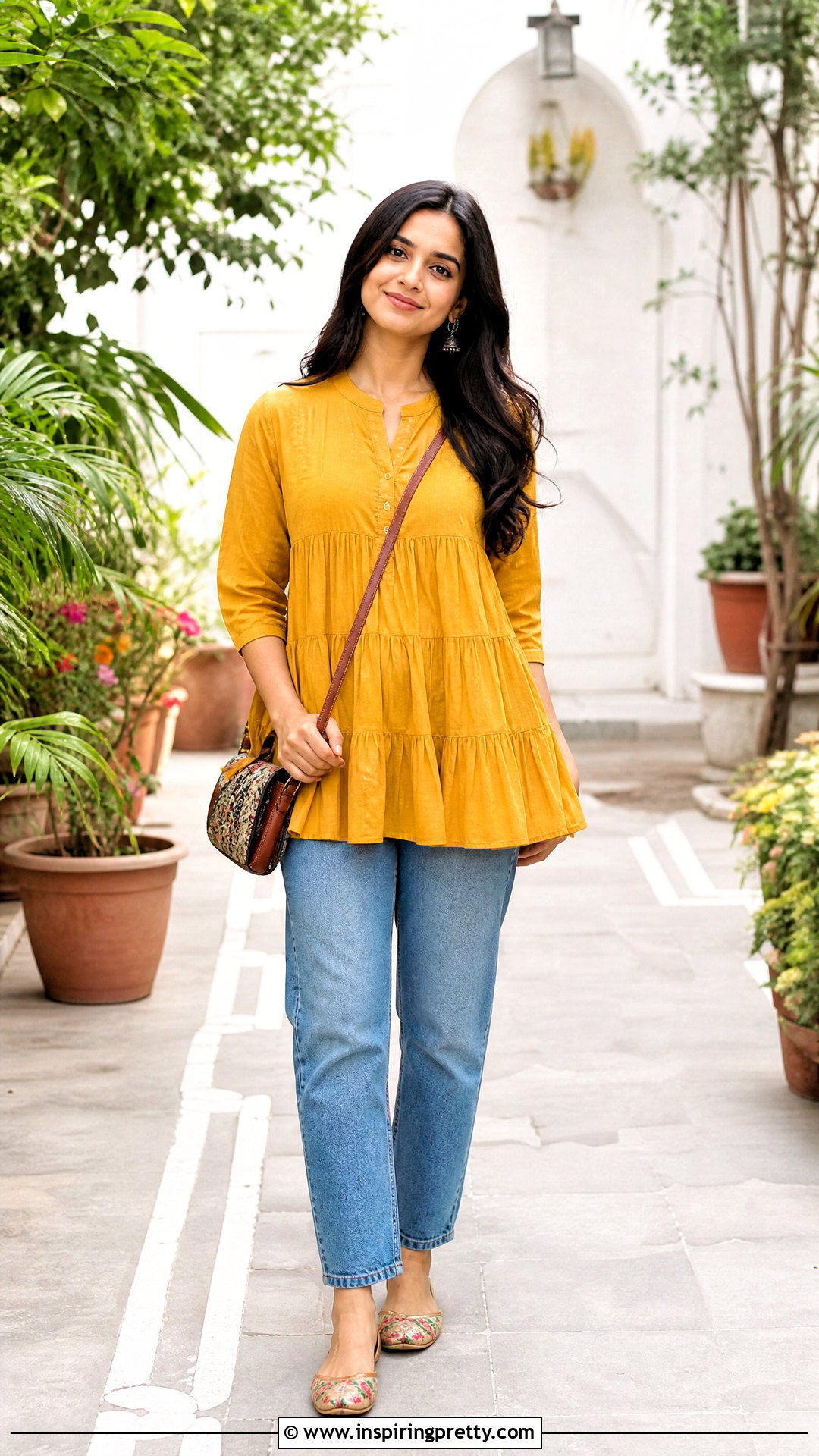 Tiered Short Kurti With Straight Jeans - 50 jeans tops indian styles