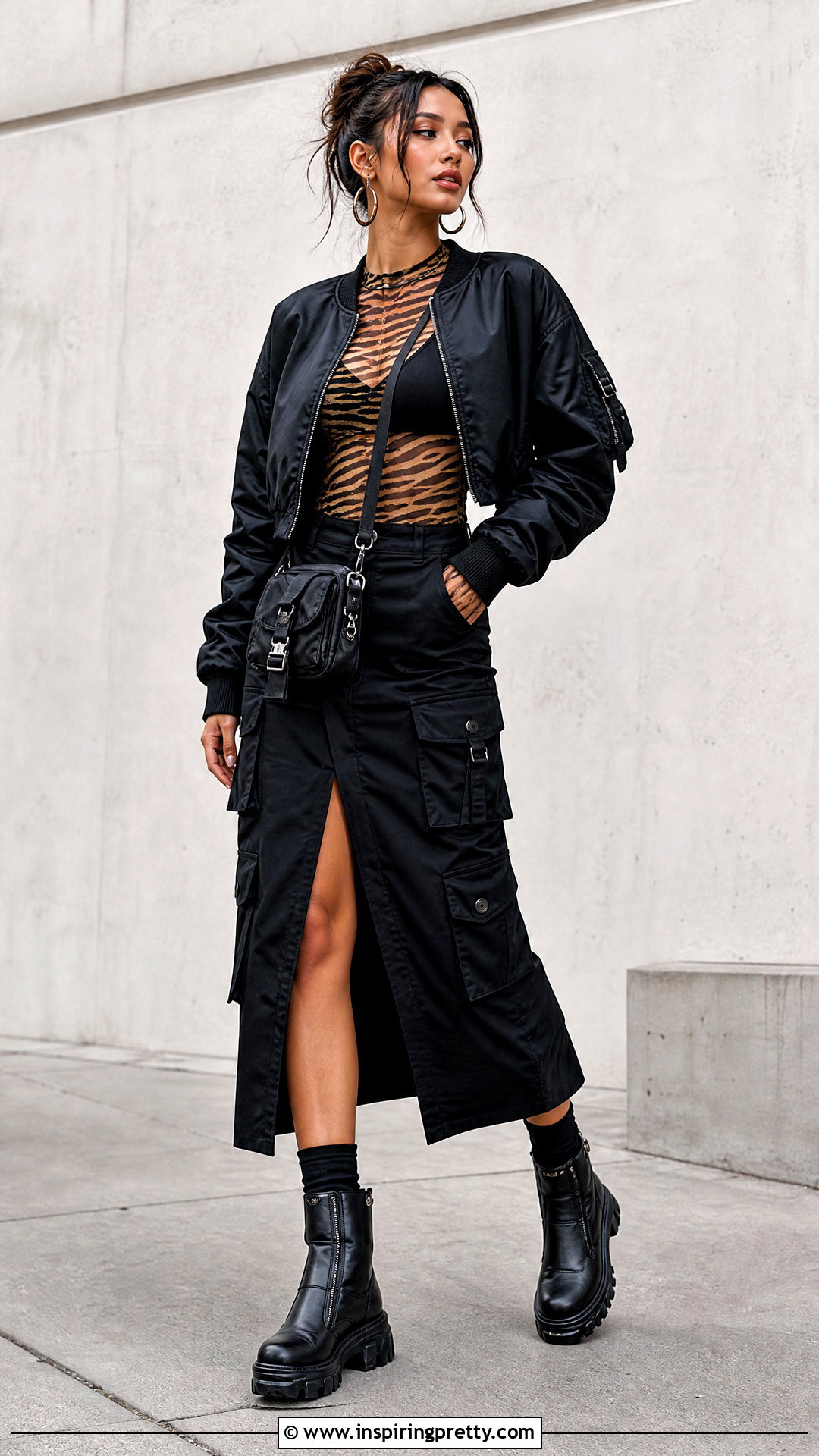 Tiger Print Mesh Top With Cargo Skirt - 50 animal print top outfit ideas
