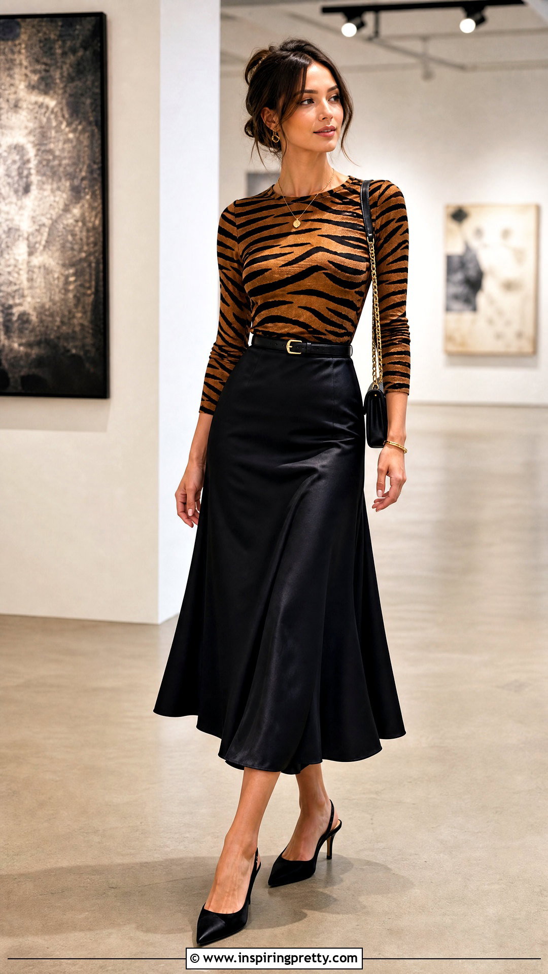 Tiger Print Top With Black Midi Skirt - 20 Tiger Design Fashion Top outfit ideas