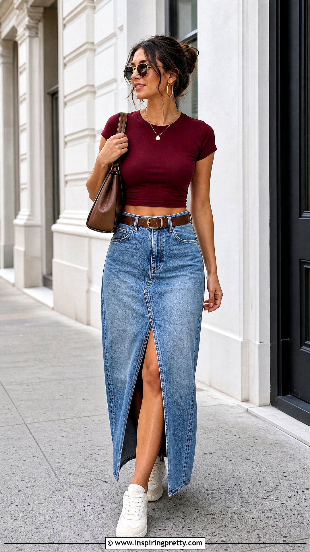 Tight Short Sleeve Crop Top With Denim Maxi Skirt - 20 tight crop top short sleeve outfit ideas