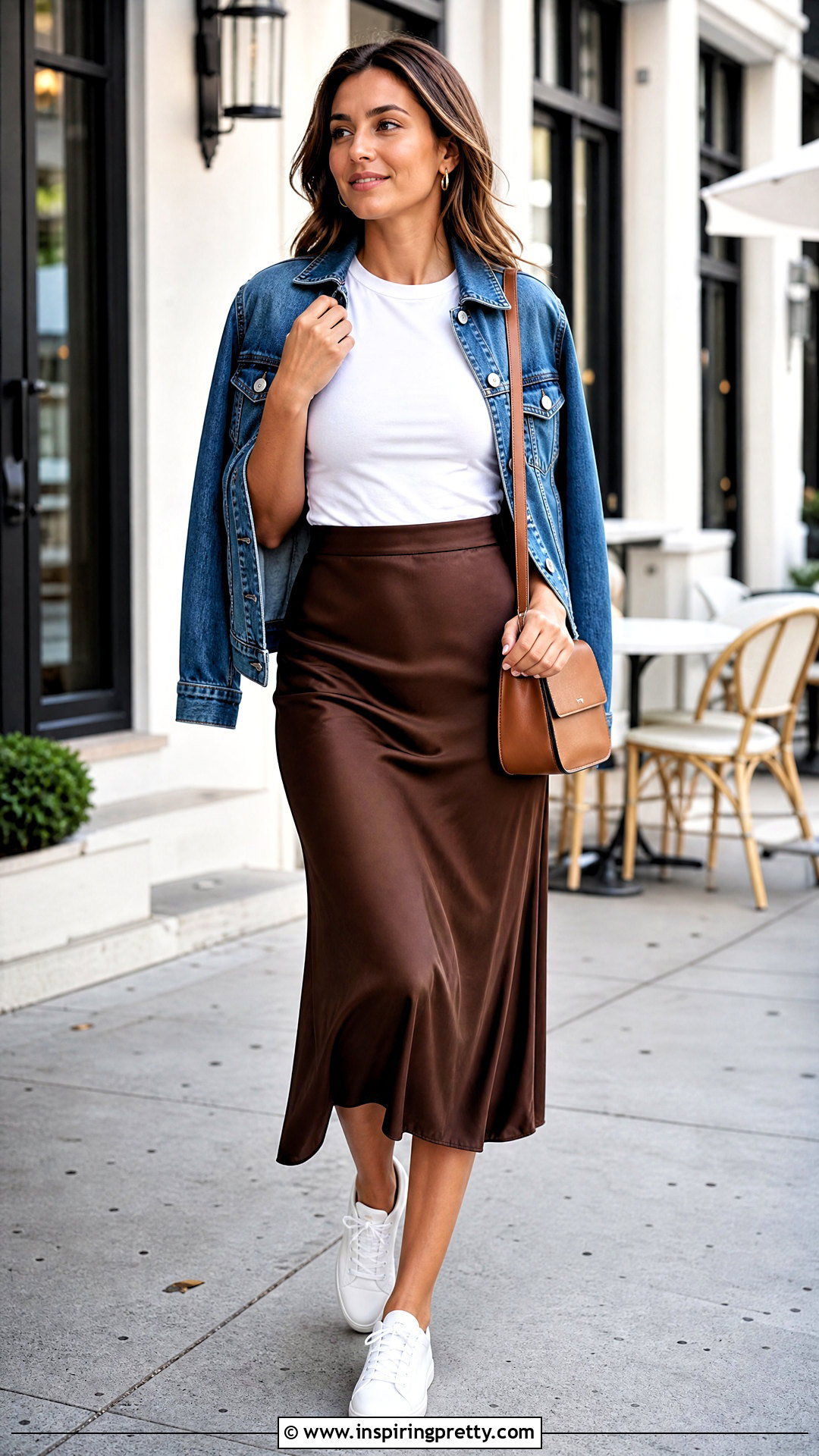 Tight T Shirt With Satin Midi Skirt - 50 tight top outfit ideas
