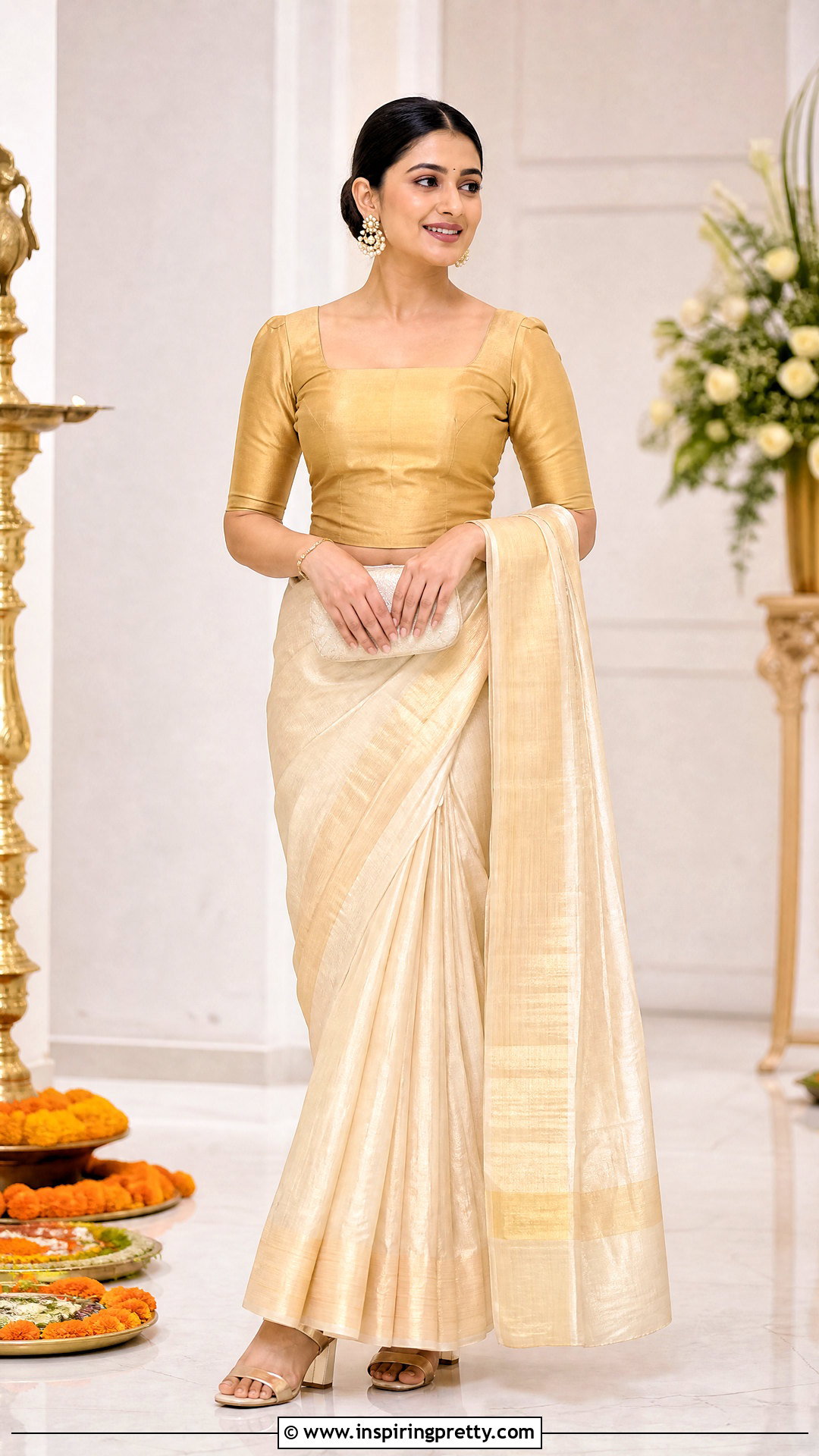 Tissue Skirt And Matching Gold Top - 50 onam skirt and top designs