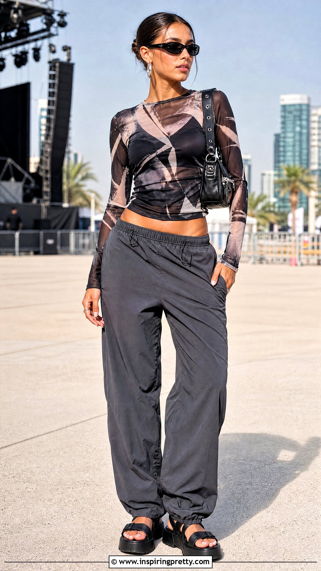 Topshop Mesh Top With Parachute Pants And Platform Sandals - 20 Topshop Mesh Top outfit ideas