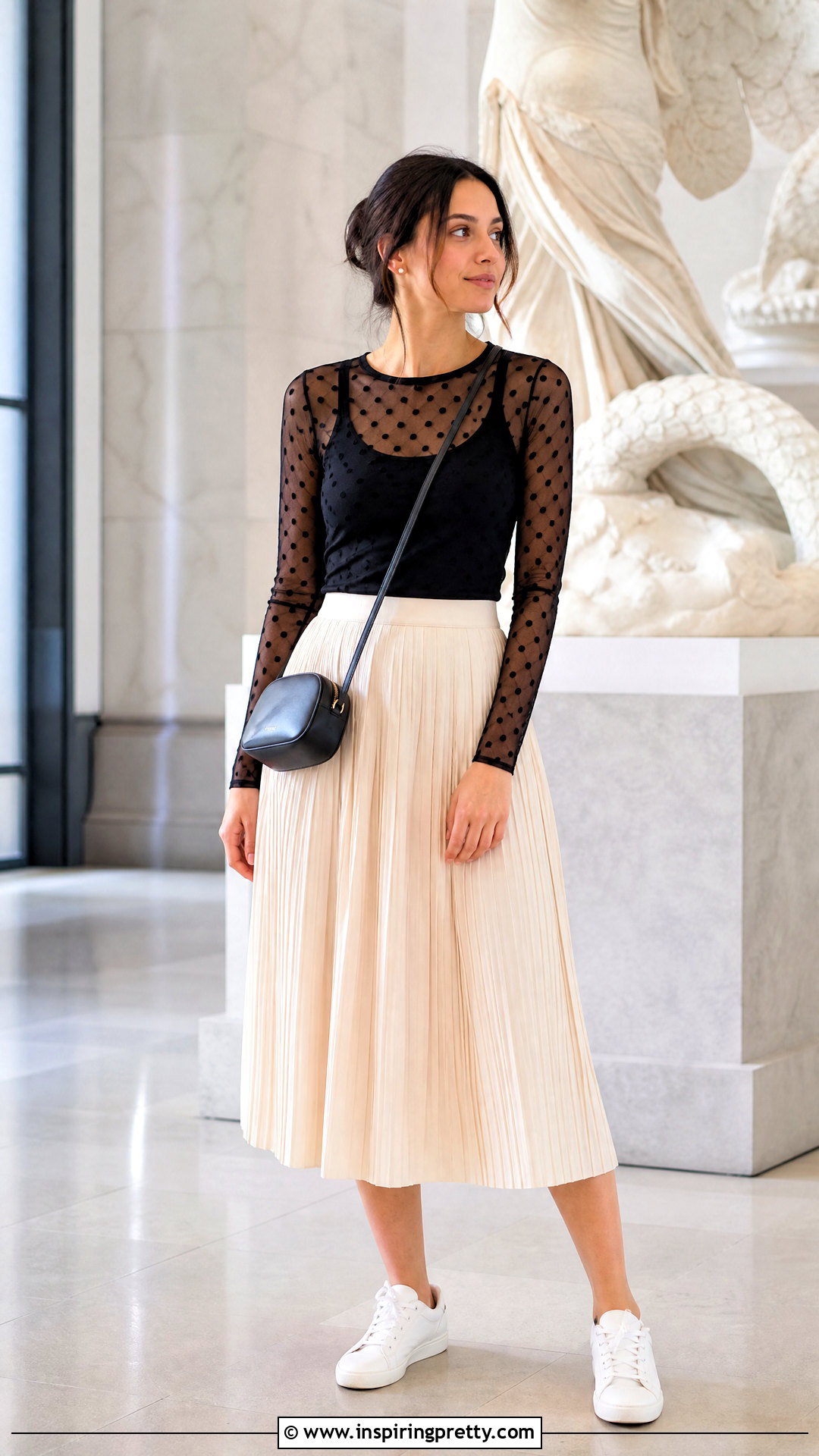 Topshop Mesh Top With Pleated Midi Skirt And Sneakers - 20 Topshop Mesh Top outfit ideas