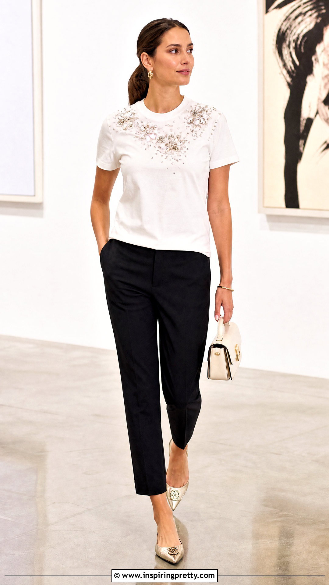 Tory Burch Embellished T Shirt With Black Trousers - 25 tory burch tops outfit ideas