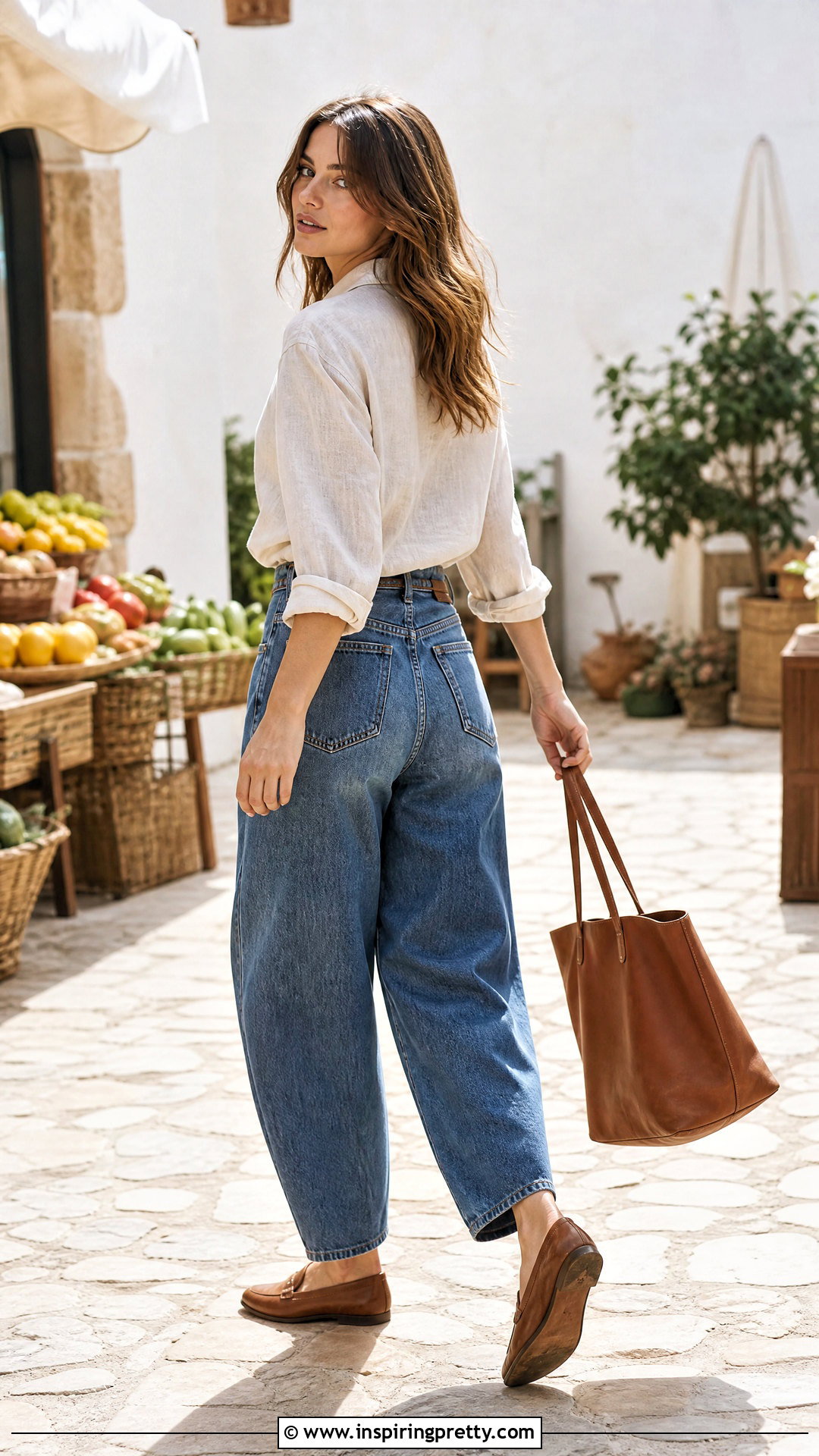 Tote Bag Swing Pose With Linen Shirt And Barrel Jeans - 50 Photo Poses In Jeans Tops