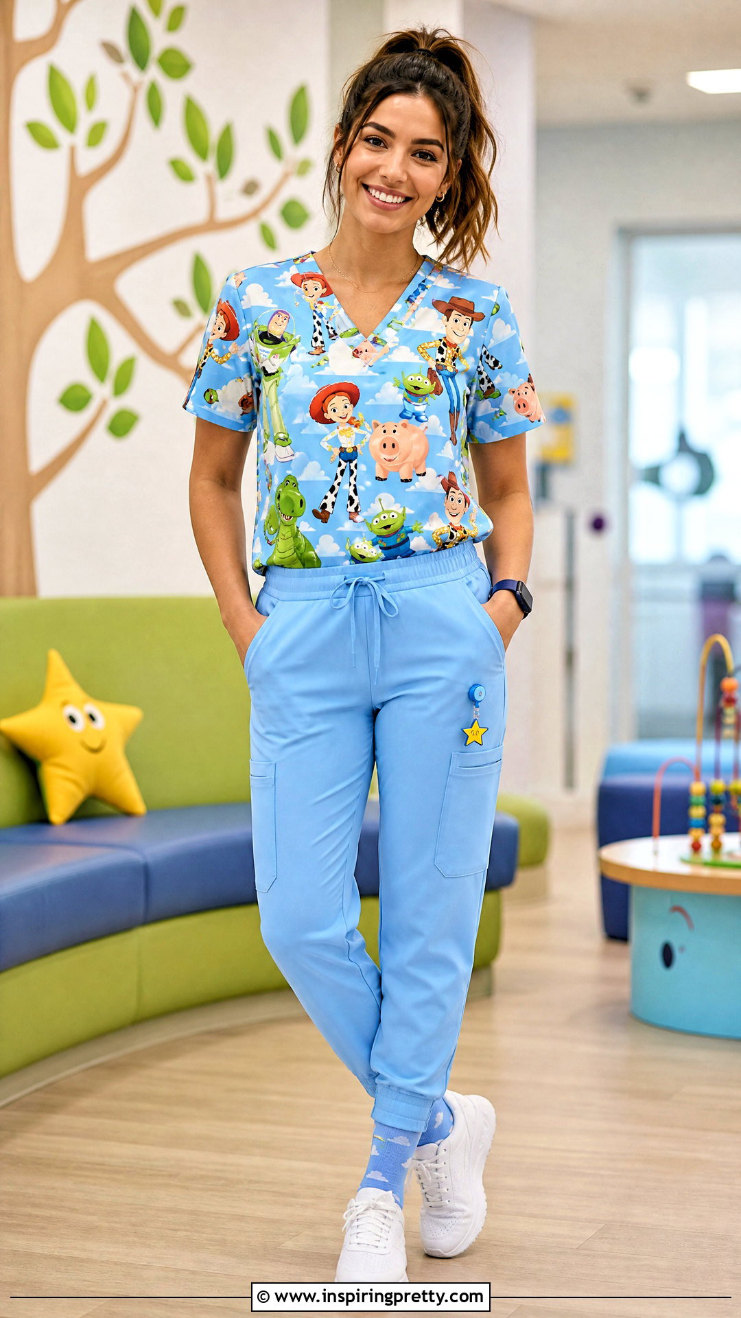 Toy Story Character Scrub Top With Sky Blue Pants - 20 character scrub tops outfit ideas