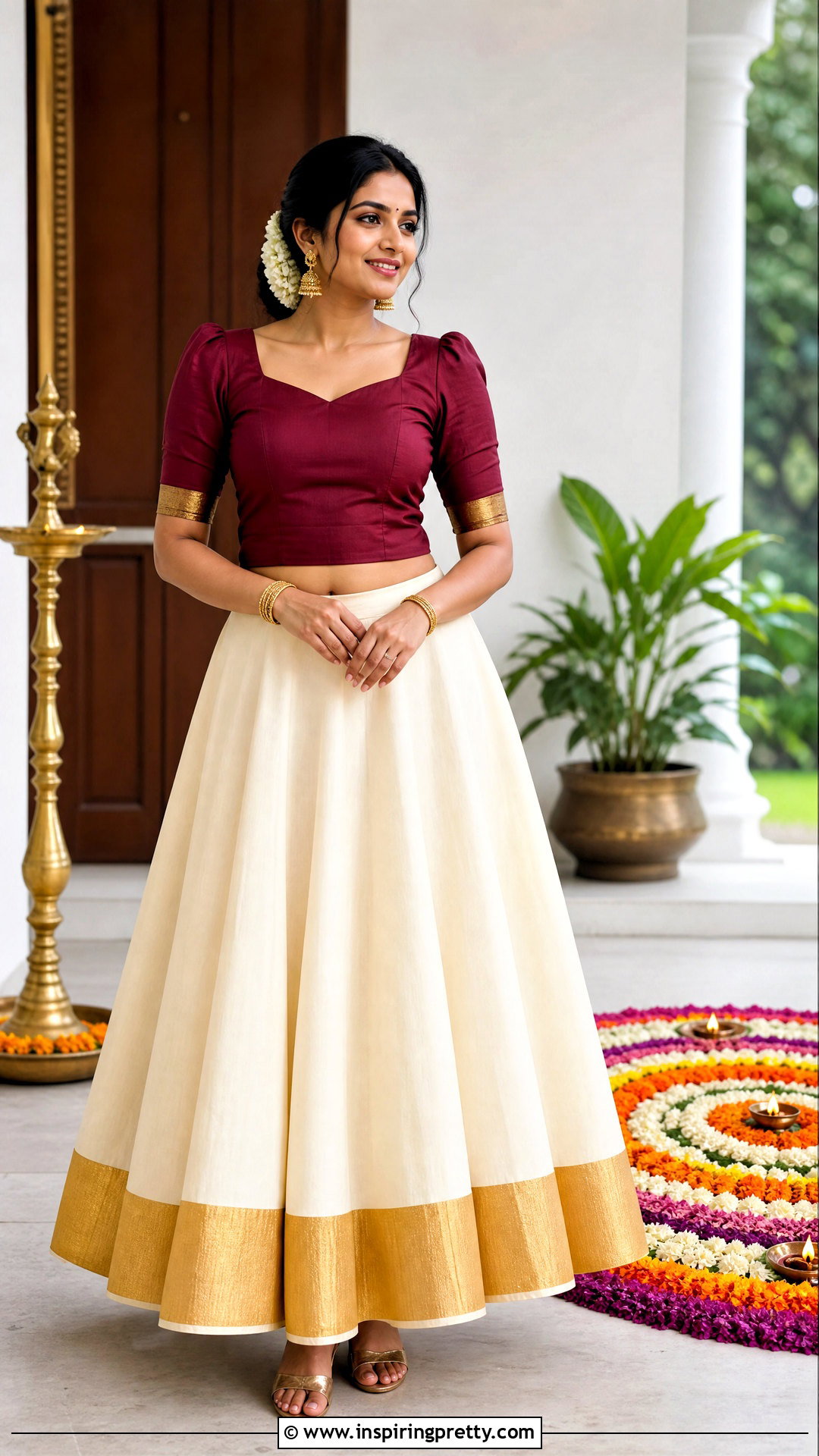 Traditional Kasavu Skirt And Maroon Top - 50 onam skirt and top designs