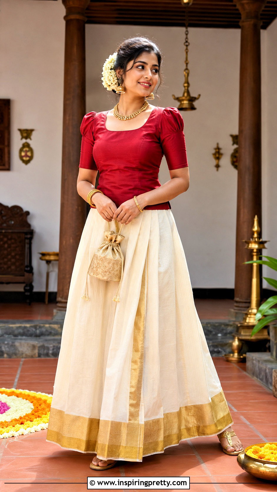 Traditional Kerala Kasavu Skirt And Red Top - 50 kerala skirt and top designs