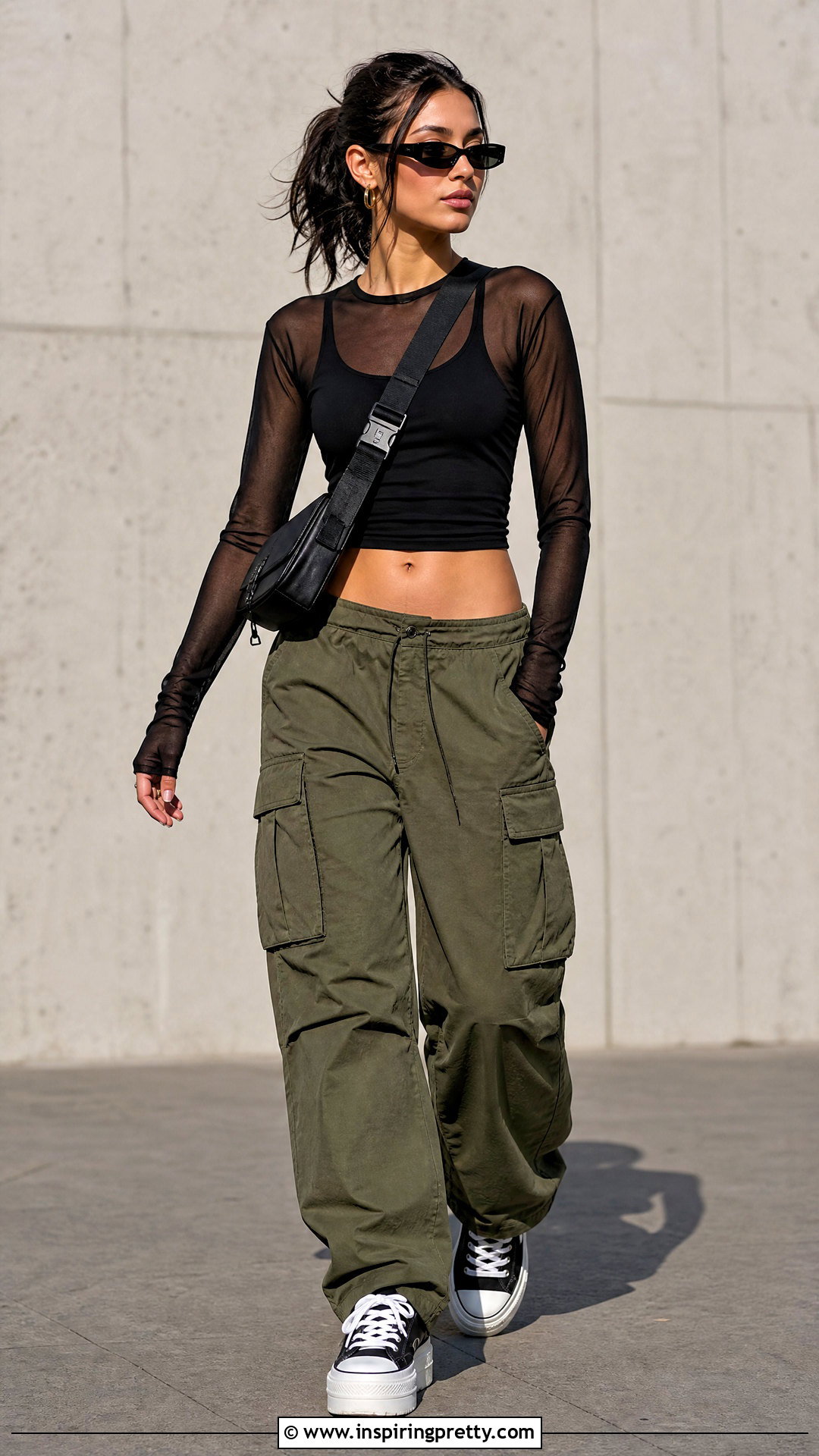 Translucent Black Top With Cargo Pants And Sneakers - 25 translucent black top outfit ideas