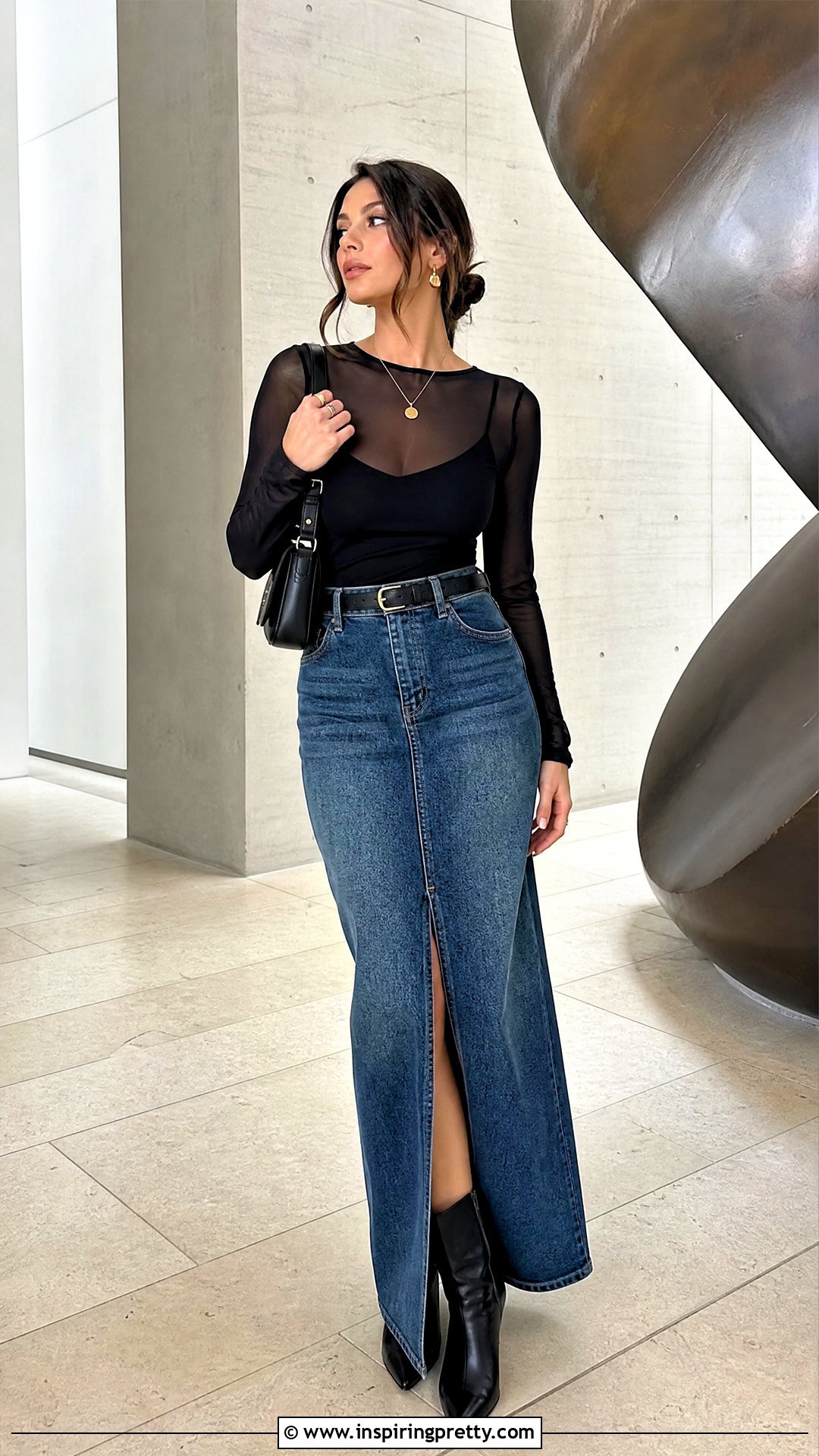 Translucent Black Top With Denim Maxi Skirt - 25 translucent black top outfit ideas