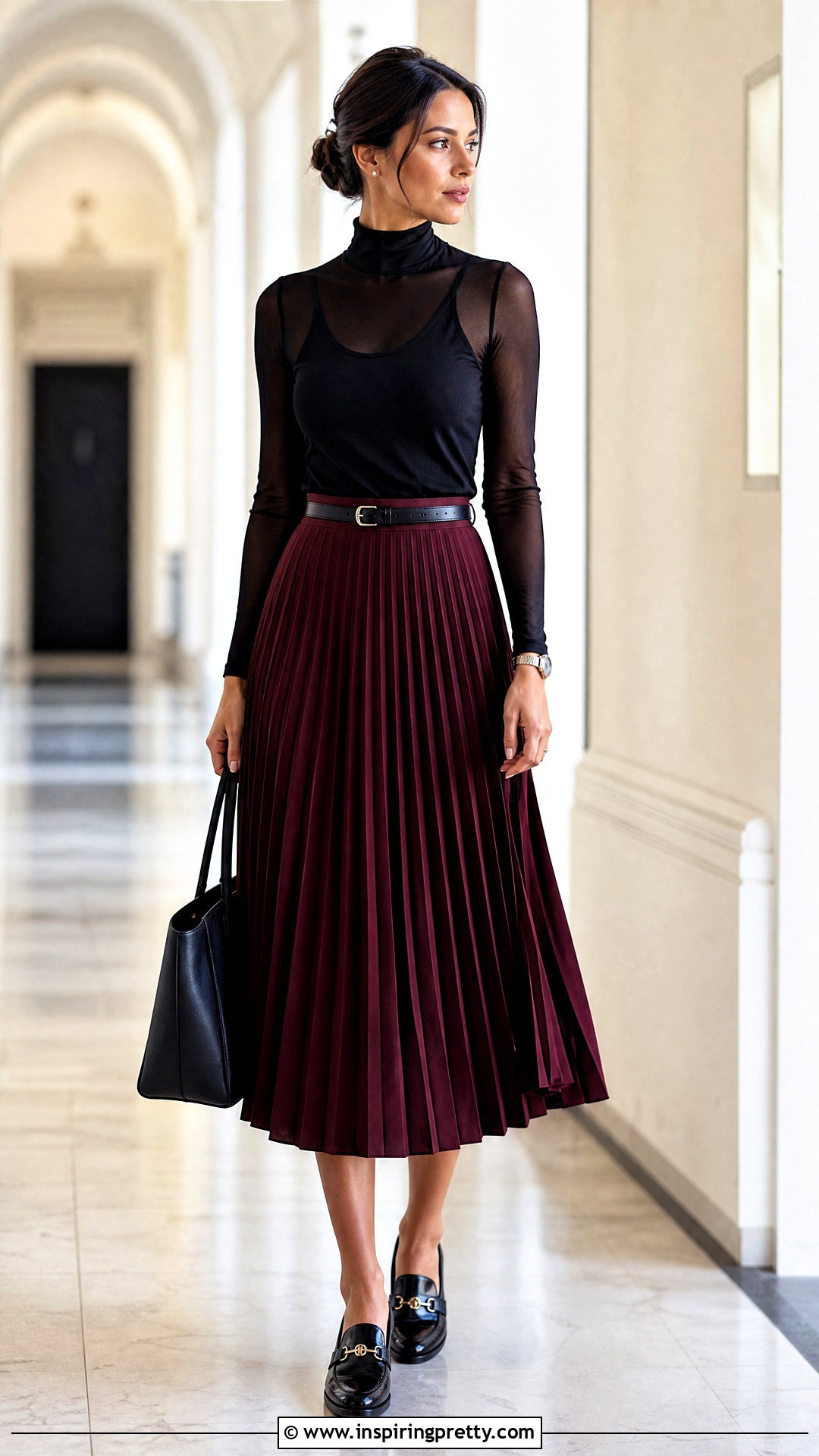 Translucent Black Top With Pleated Midi Skirt And Loafers - 25 translucent black top outfit ideas