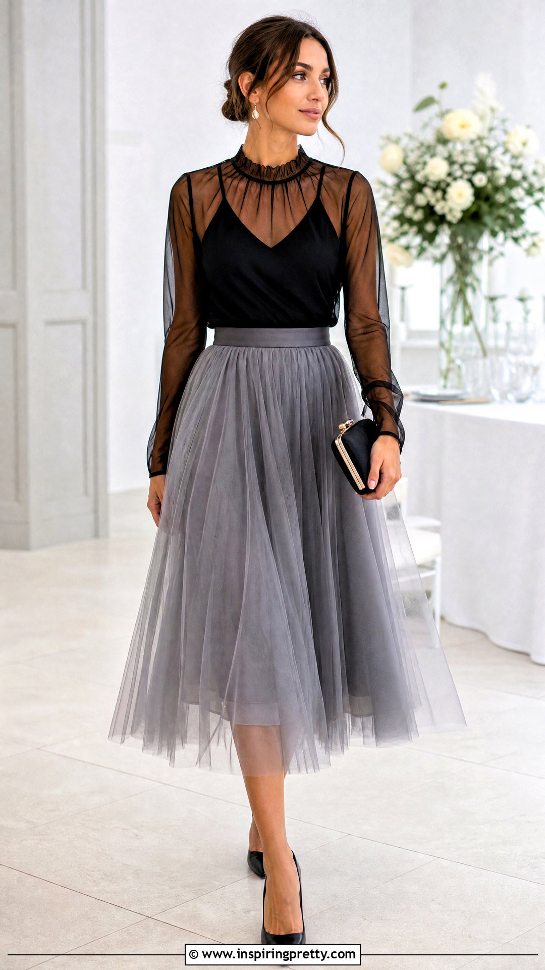 Translucent Black Top With Tulle Midi Skirt - 25 translucent black top outfit ideas