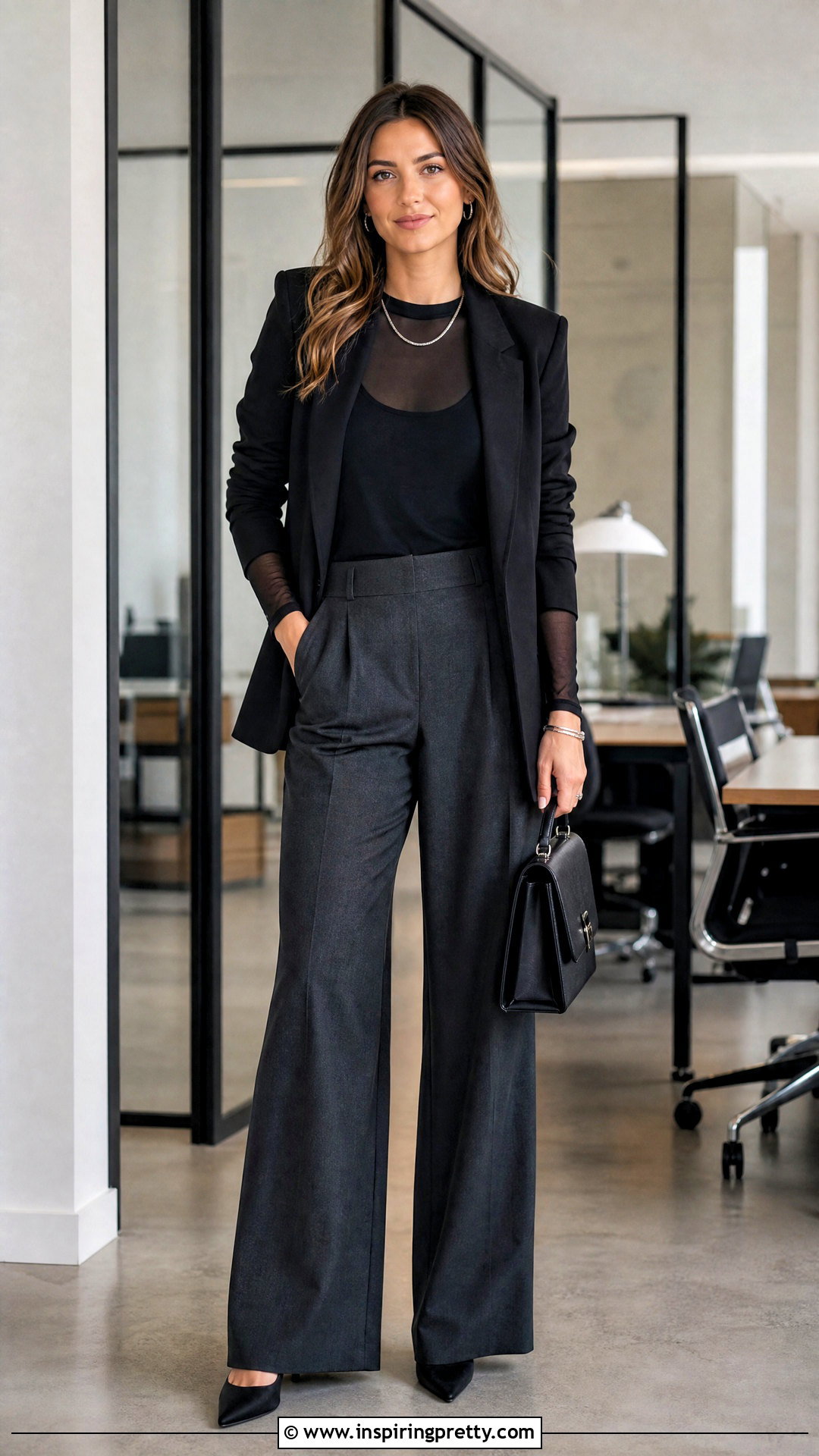Translucent Black Top With Wide Leg Trousers And Blazer - 25 translucent black top outfit ideas