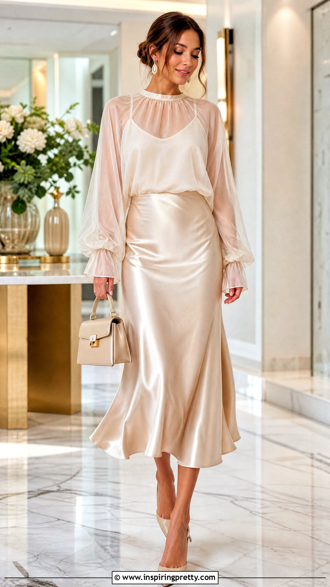 Transparent Blouse With Satin Midi Skirt - 50 transparent top outfit ideas