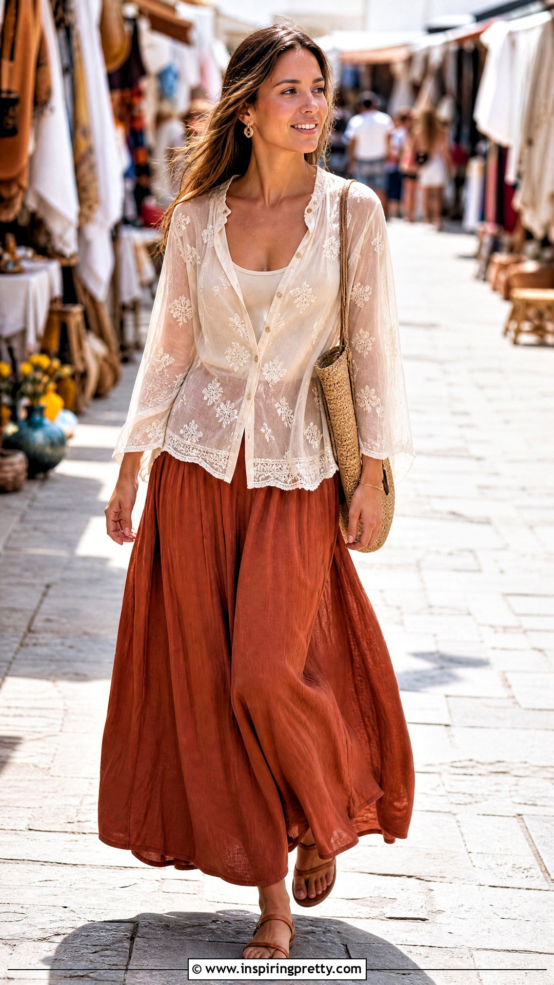 Transparent Embroidered Top With Maxi Skirt - 50 transparent top outfit ideas