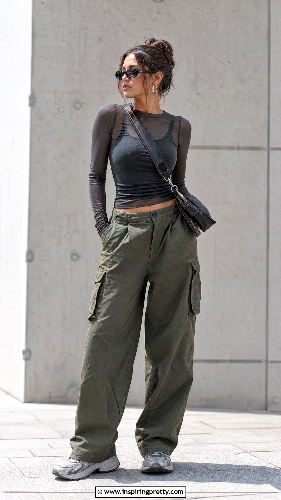 Transparent Mesh Top With Cargo Pants - 50 transparent top outfit ideas