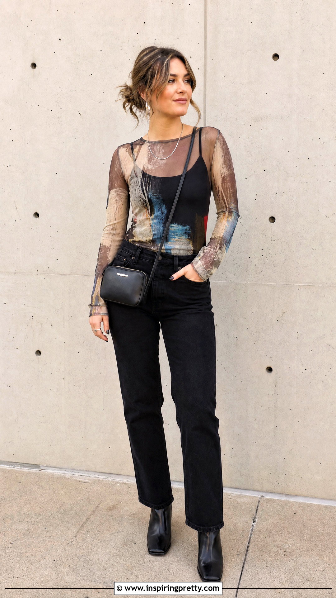 Transparent Printed Top With Black Jeans - 50 transparent top outfit ideas