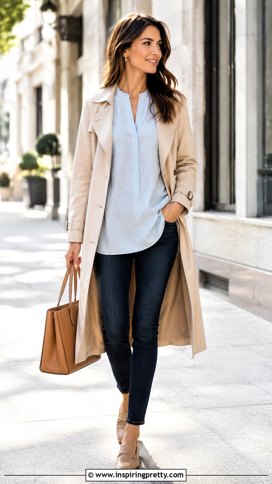 Trench Coat With Tunic Top And Slim Jeans - 50 Tunic Top outfit ideas