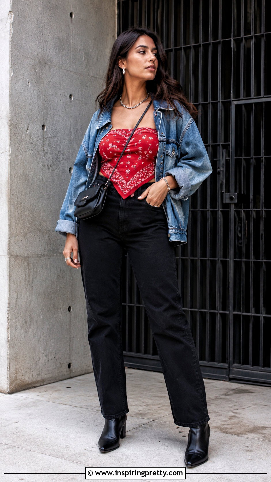 Triangle Bandana Top With A Denim Jacket - 25 triangle bandana top outfit ideas