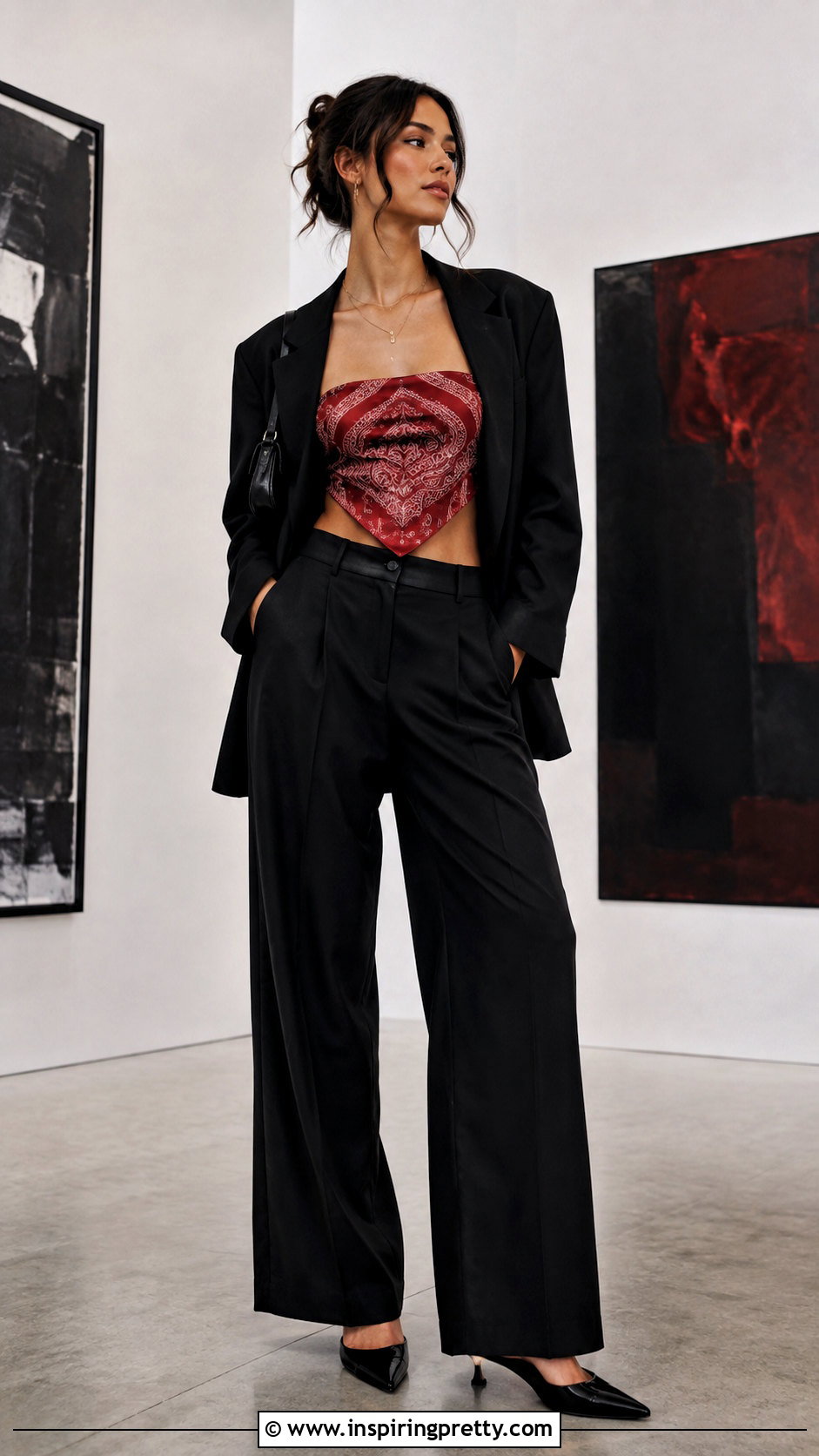 Triangle Bandana Top With Black Wide Leg Pants - 25 triangle bandana top outfit ideas