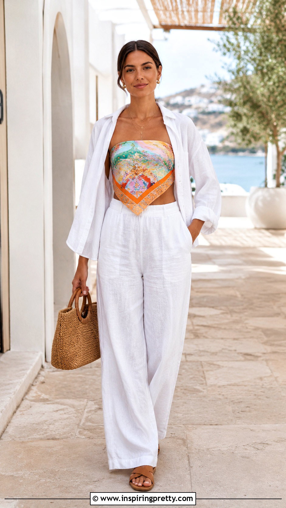 Triangle Bandana Top With White Linen Pants - 25 triangle bandana top outfit ideas