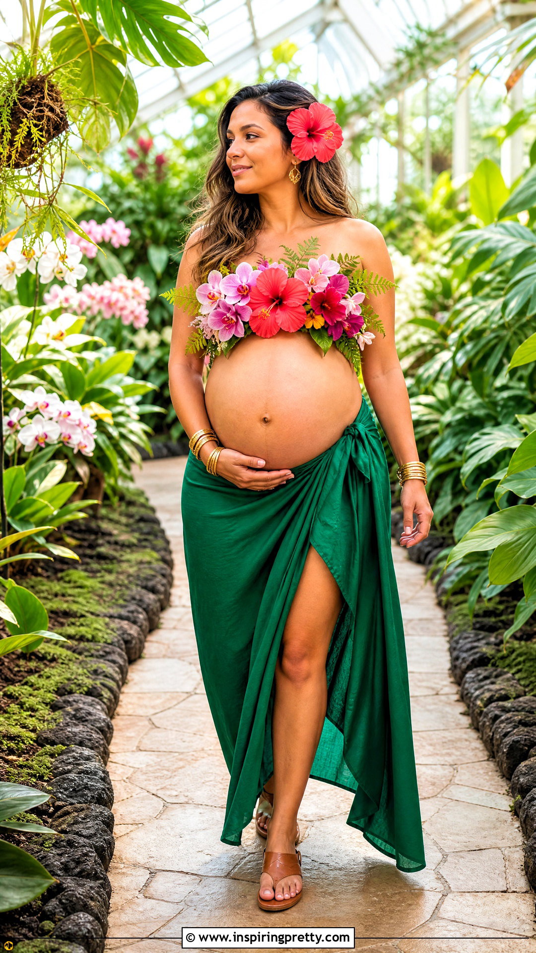Tropical Flower Top With Green Wrap Skirt - 20 maternity flower top photoshoot ideas