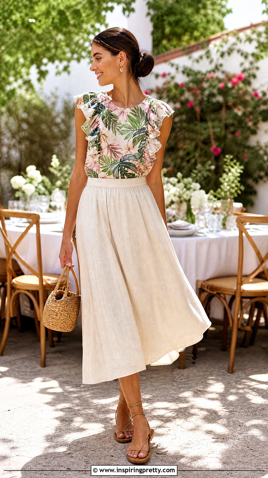 Tropical Print Ruffle Top With Linen Midi Skirt - 20 tropical print summer top outfit ideas