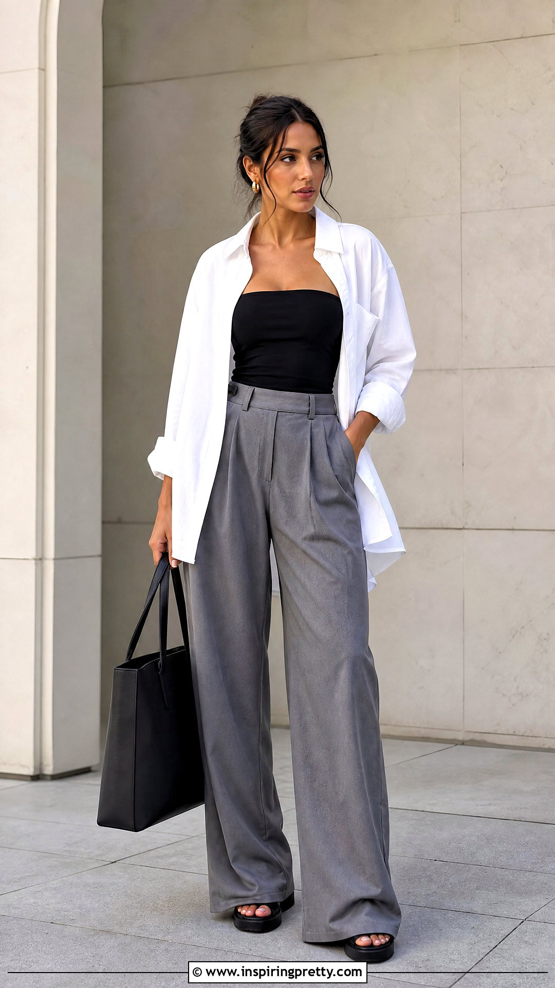 Tube SHEIN Top With Oversized Shirt And Trousers - 50 shein tops outfit ideas