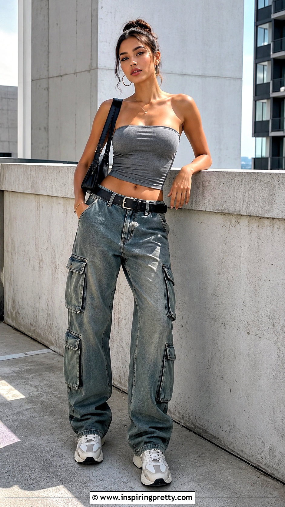 Tube Top And Cargo Jeans Elbow Rest Pose - 50 jeans top photoshoot poses