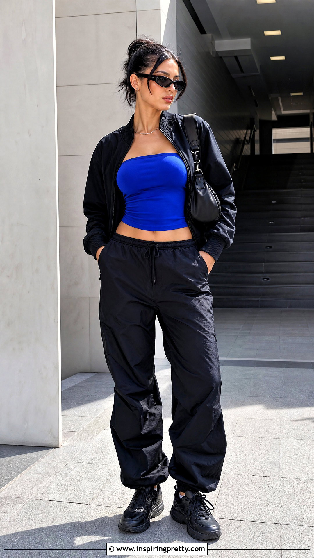 Tube Top With Bomber Jacket And Parachute Pants - 50 tube top outfit aesthetic ideas