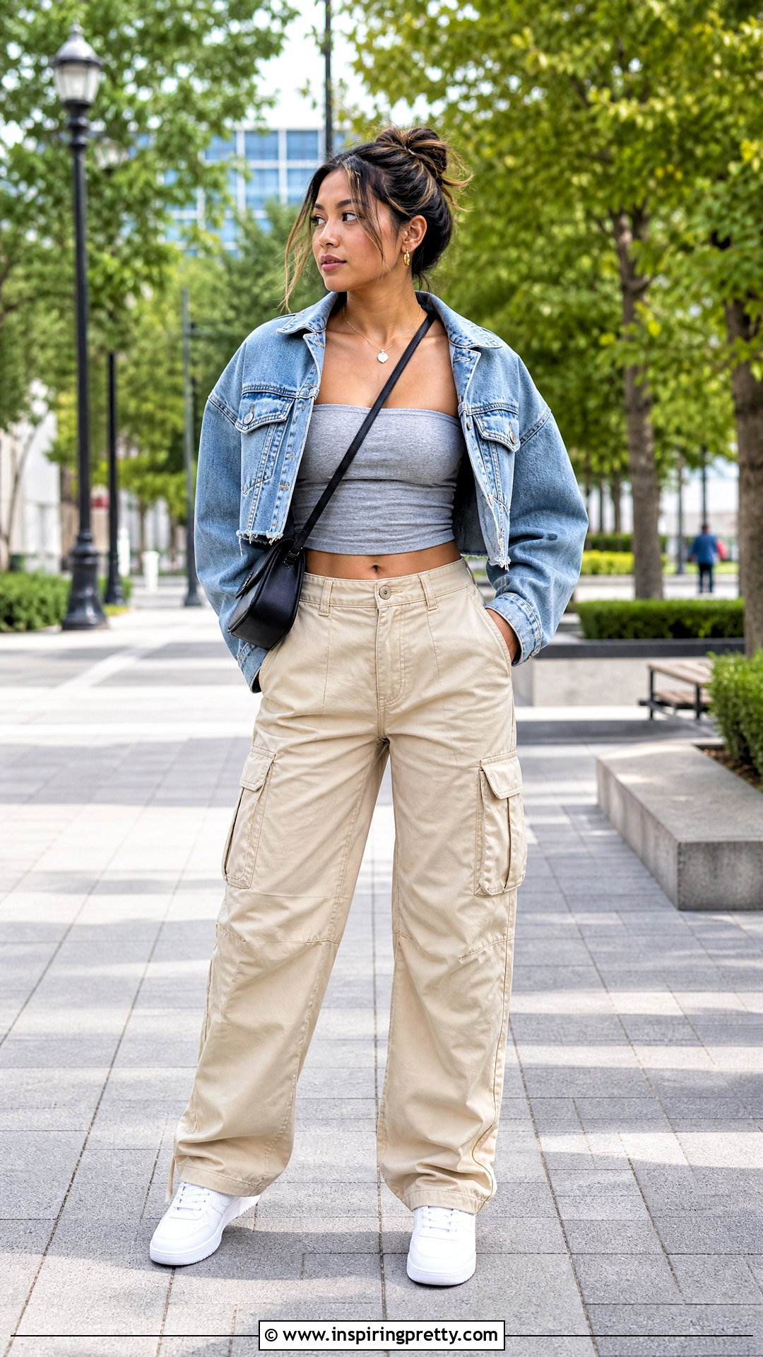 Tube Top With Denim Jacket And Cargos - 50 tube top outfit aesthetic ideas