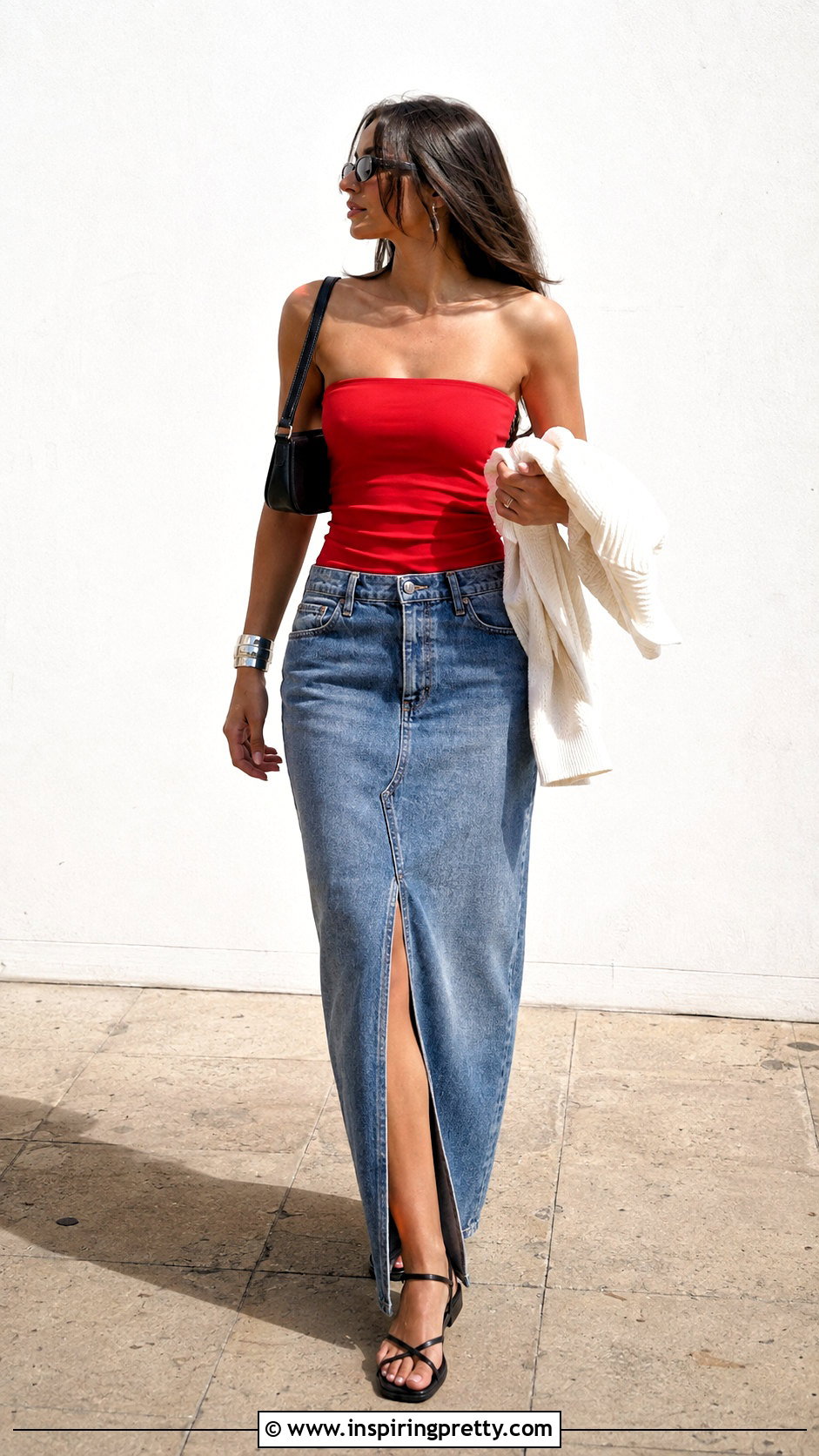 Tube Top With Denim Maxi Skirt - 50 fun tops outfit ideas