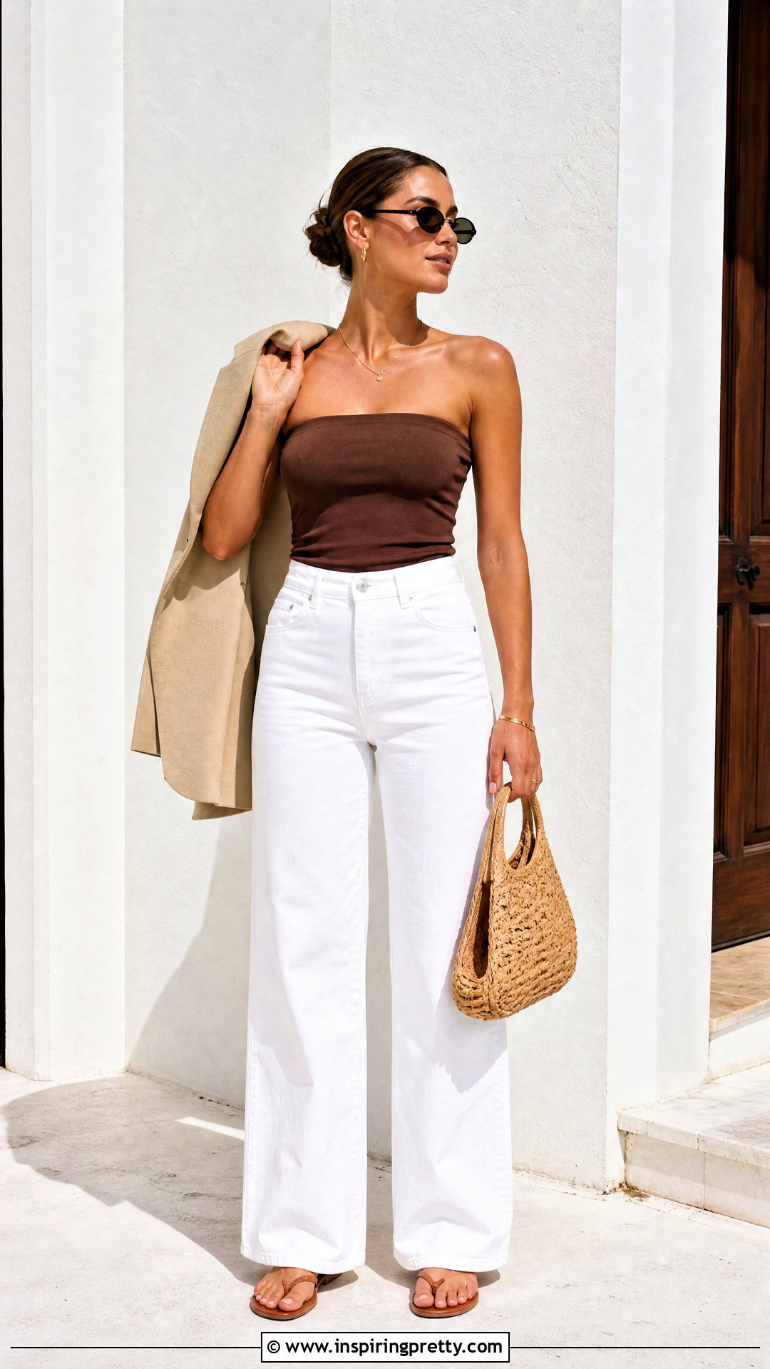 Tube Top With White Jeans and Neutral Sandals - how to put on a tube top (25 ways)