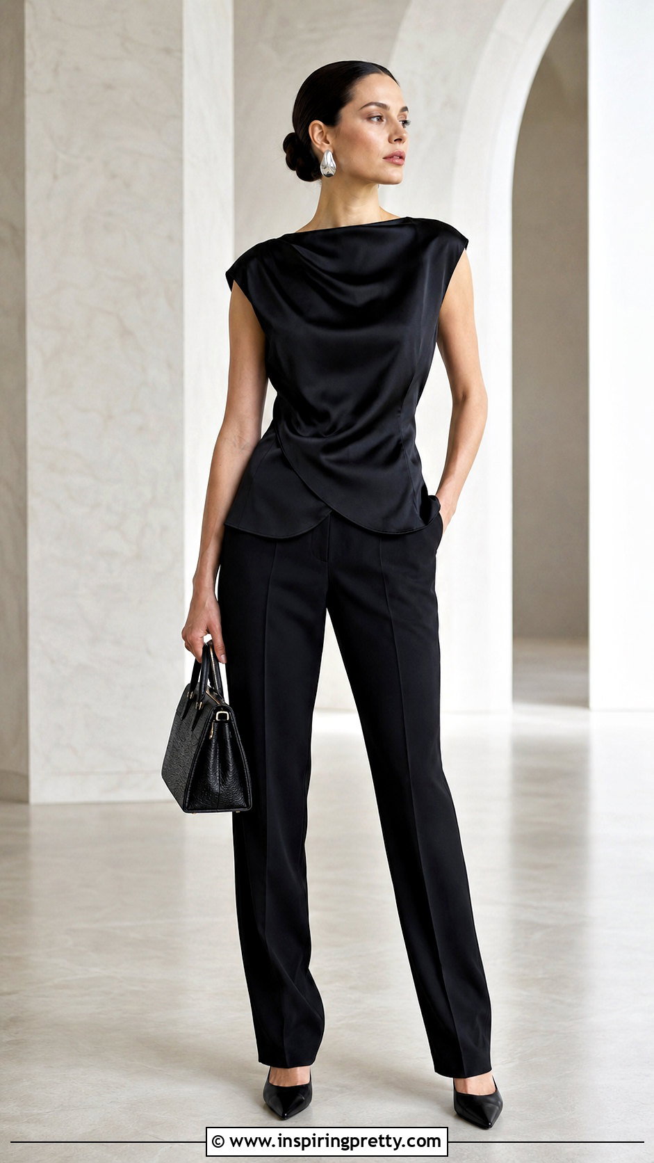 Tulip Hem Top With Monochrome Pants and Pointed Shoes - 25 Tulip Hem Top outfit ideas
