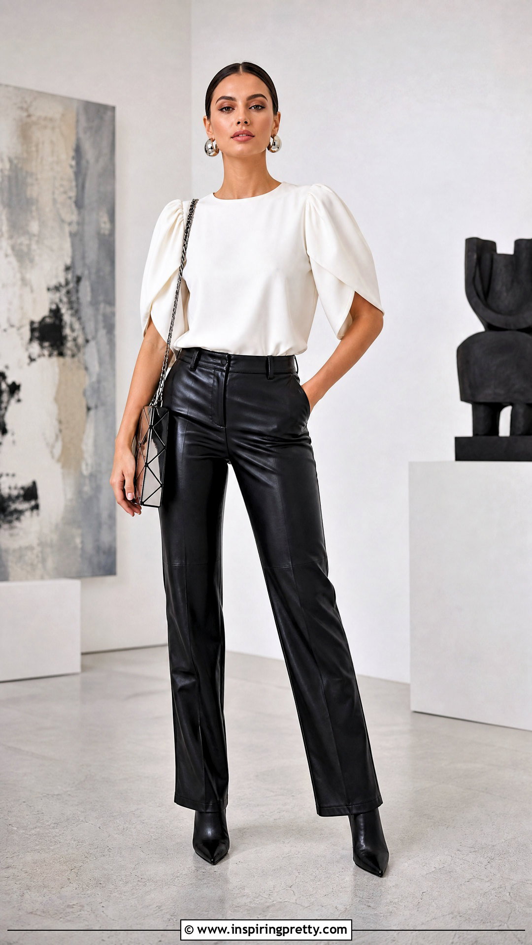 Tulip Sleeve Top With Leather Pants - 20 tulip sleeve tops outfit ideas