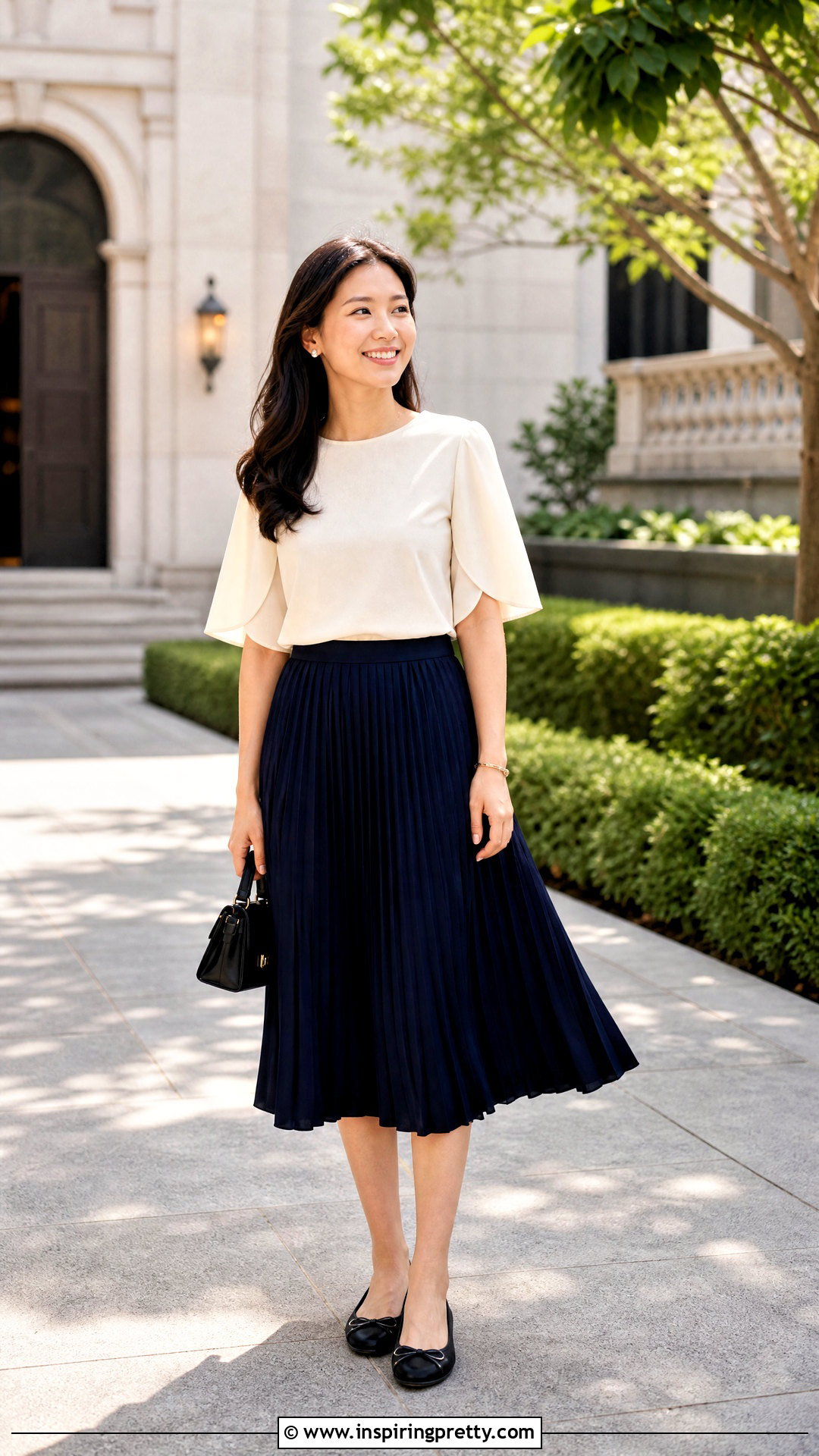Tulip Sleeve Top With Pleated Midi Skirt - 20 tulip sleeve tops outfit ideas