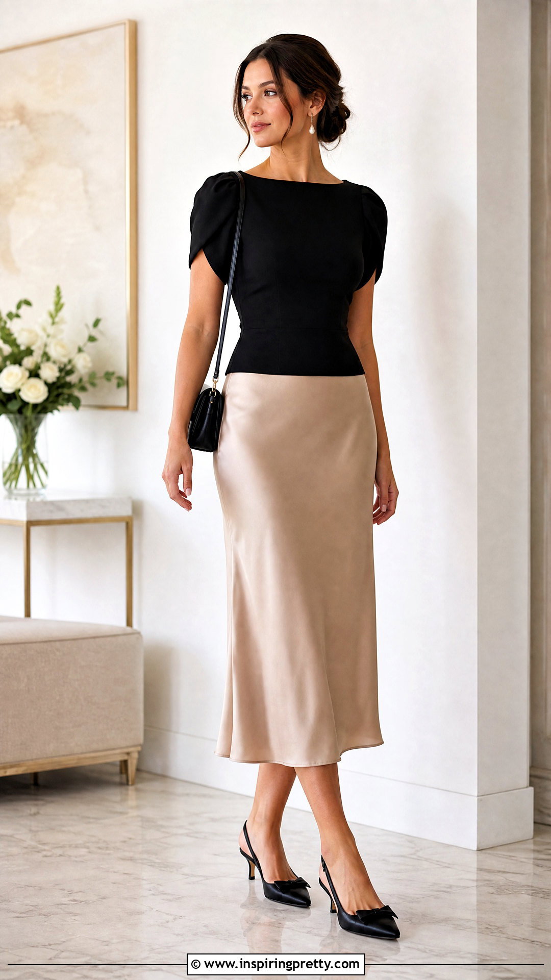 Tulip Sleeve Top With Satin Midi Skirt - 20 tulip sleeve tops outfit ideas
