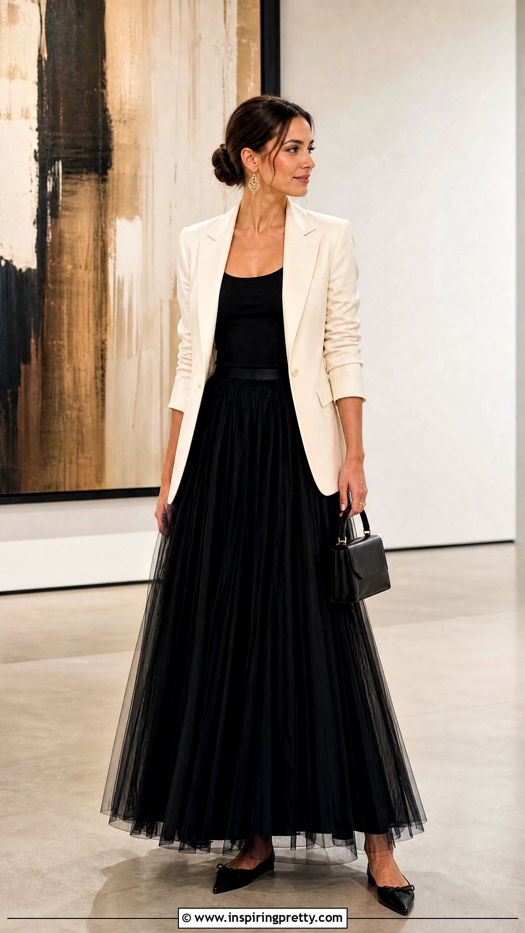 Tulle Long Skirt With Structured Blazer - 50 long skirt and top outfit ideas